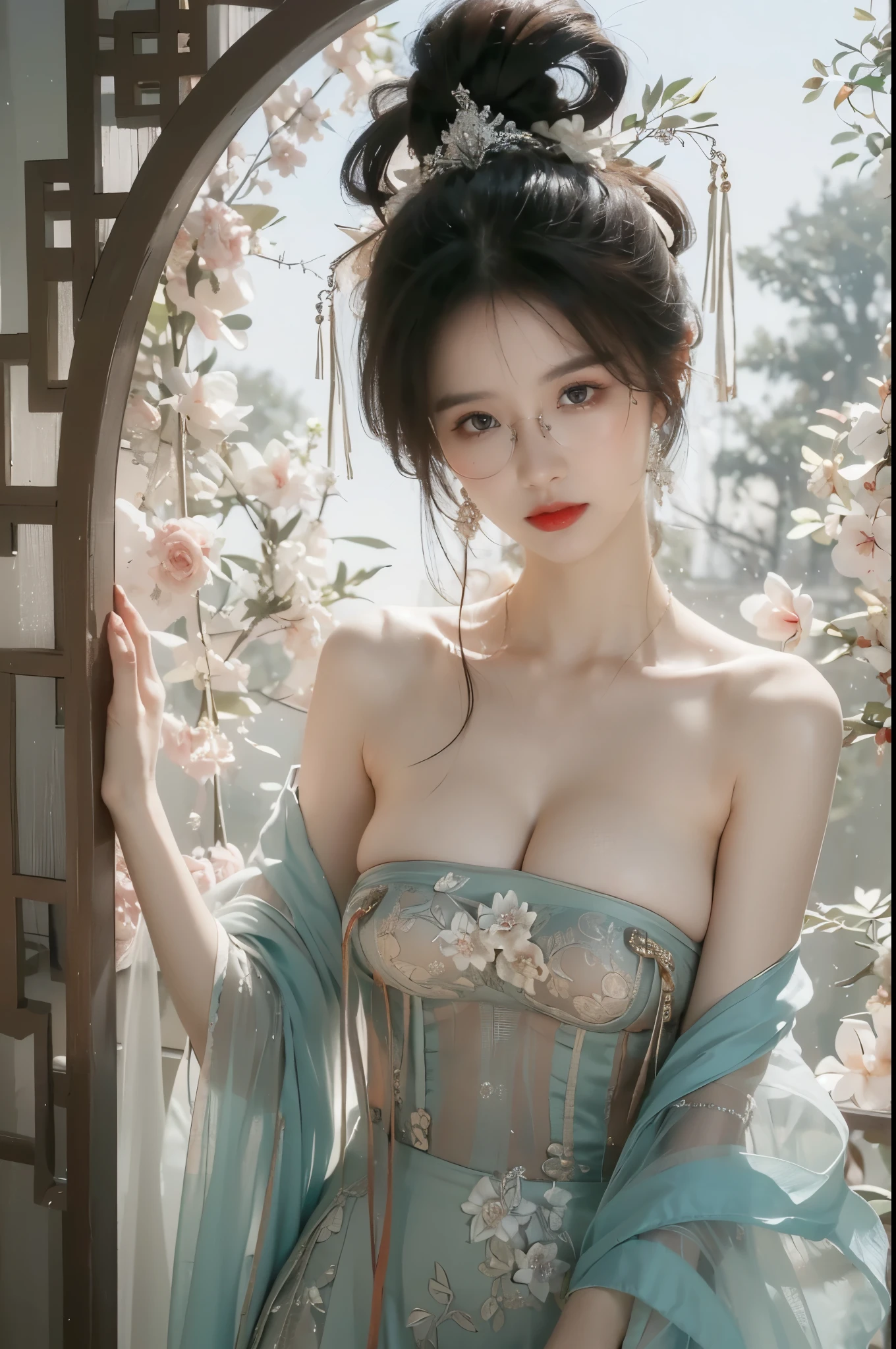 (huge breasts:1.5),(Sheer sheer bra,transparent bra),(Completely see-through bra allows breasts to be seen through),(transparent bra),(((see breasts,see nipples))), (((Wear a gauzy transparent Chinese cheongsam,Transparent tulle cheongsam with phoenix pattern,Transparent cheongsam,transparent bra,Transparent top,tulle cheongsam))),transparent top,(masterpiece, best quality, highres, high resolution:1.2), extremely detailed, realistic, intricate details, 1girl, solo, 30 year old mature South Korea beautiful woman,plump figure,big round green eyes,cute,blush shy,illustration,Asian beauty,(Light red tulle), sitting by the window at a small table, tea cup on the table, sunlight streaming in from outside, indoor lighting, serene moment, soft light, contemplation,Sitting on the chair in front of the small table,sit at small table,traditional chinese room,Luxurious hairpin,high bun,golden hairpin,gold bracelet,gold earrings,big gemstone necklace,Chinese style small wooden table,Traditional Chinese wooden lattice window,traditional chinese lantern,Traditional Chinese style room,antique room,big hairpin,((cowboy shot:1.4)),close up,(Open your mouth slightly),<lora:Black_See-through_Bodysuit:0.65> , <lora:tangbohu-detailmaker_v2.5:0.35> , <lora:pantyPullPantyDrop_pantypullPantydropV1:0.6:face>