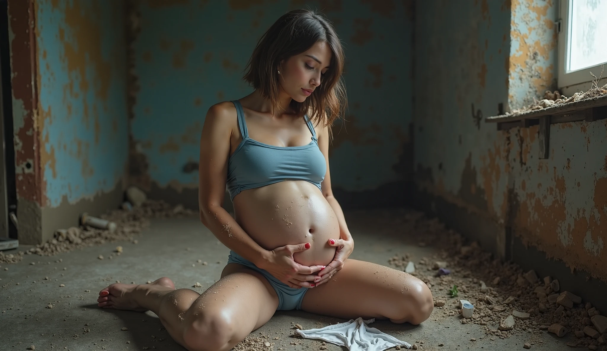 Japanese,young, (alone), 20-year-old, (Double),whole body,ponytail, Glamour, Pure white skin, Photographed from the front,Watching the audience、(Black tank top)、(black short socks),Toes in short socks、Toes on the feet、On the bed、squat,(Are pregnant)