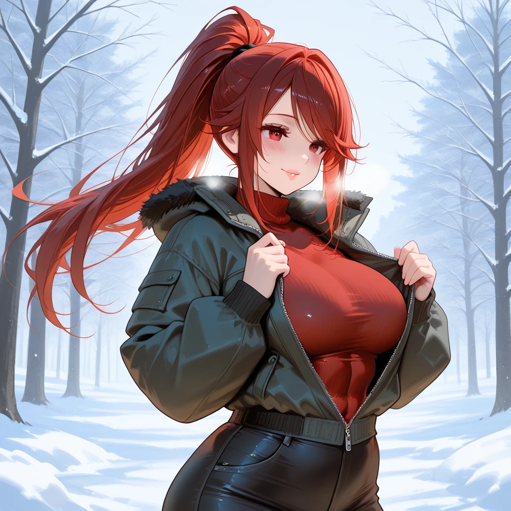 explorer girl,1girl,((extremely cute and beautiful red haired explorer girl)),(((18 years old))),(large breasts:1.4),((((red hair:1.35,absurdly long unkempt hair,ponytail red hair,bangs,colored inner hair,ear breathing)))),(((green_eyes:1.3))),intricate eyes,beautiful detailed eyes,symmetrical eyes,((((lustrous skin:1.5,tanned skin,bright skin:1.5,skin tanned,shiny skin,very shiny skin,shiny body)))),(spider lower abdomen,narrow waist,wide hip,athletic body,inflated legs,detailed body,(detailed face)),((heart pupils:1.4, heart,hearts,heart marks)),
cute,slutty,seductive,erotic,(nsfw),
((navel)), ((khaki bikini,bikini,shorts,bikini top,short shorts,denim shorts)),(((unzipped, open fly))),((wearing large and heavy backpack)),
(dynamic pose:1.0),embarrassed,(centered,scale to fit dimensions,Rule of thirds),
((snowy pine forest at night)), with dark stormy clouds,winter,scenery:1.25,((snow forest background)),Christmas tree,
(Glossy winter ornaments),highres,sharp focus,(ultra detailed,extremely detailed),(photorealistic artwork:1.37),(extremely detailed CG unity 8k wallpaper),(((vibrant colors,vibrant theme))),(intricate),(masterpiece),(best quality),
, camel toe, กางเกงในสีขาว, โชว์กางเกงใน, โชว์หน้าอก,