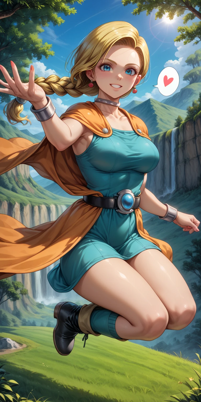 masterpiece, of the highest quality, dq blanca, single sheet, earrings, choker, orange cape, (green dress), belt, socks, heels, looking at the viewer, big breasts, stockings, hig heels,gigantic breasts