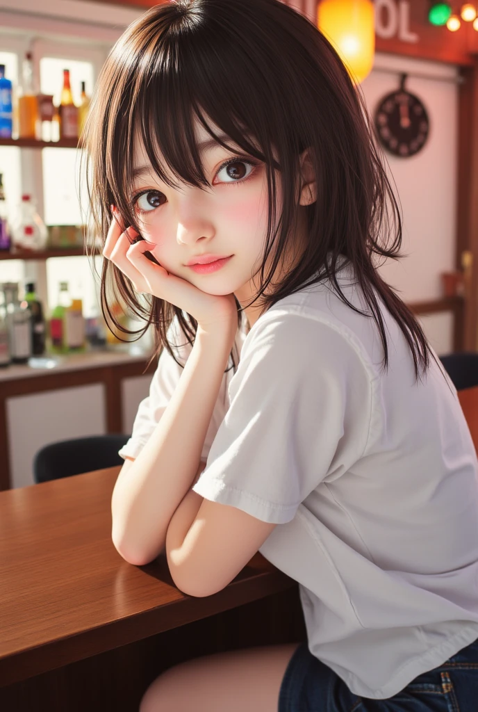 Tabletop, Highest quality, 8k, 8-year-old, Teen, RAW Photos, Absurd, Award-winning portrait, smile, alone, (night:1.8), Idol's face, Delicate girl, whole body, skirt, Thin legs, Beautiful feet, Digital SLR, View your viewers, Frank, Sophisticated,Thin arms, Professional Lighting, Film Grain, chromatic aberration, (Eye and facial details:1.0), (Bokeh:1.1) , (Idol Cosplay:1.1) , Close your mouth , Black-haired , drooping eyes