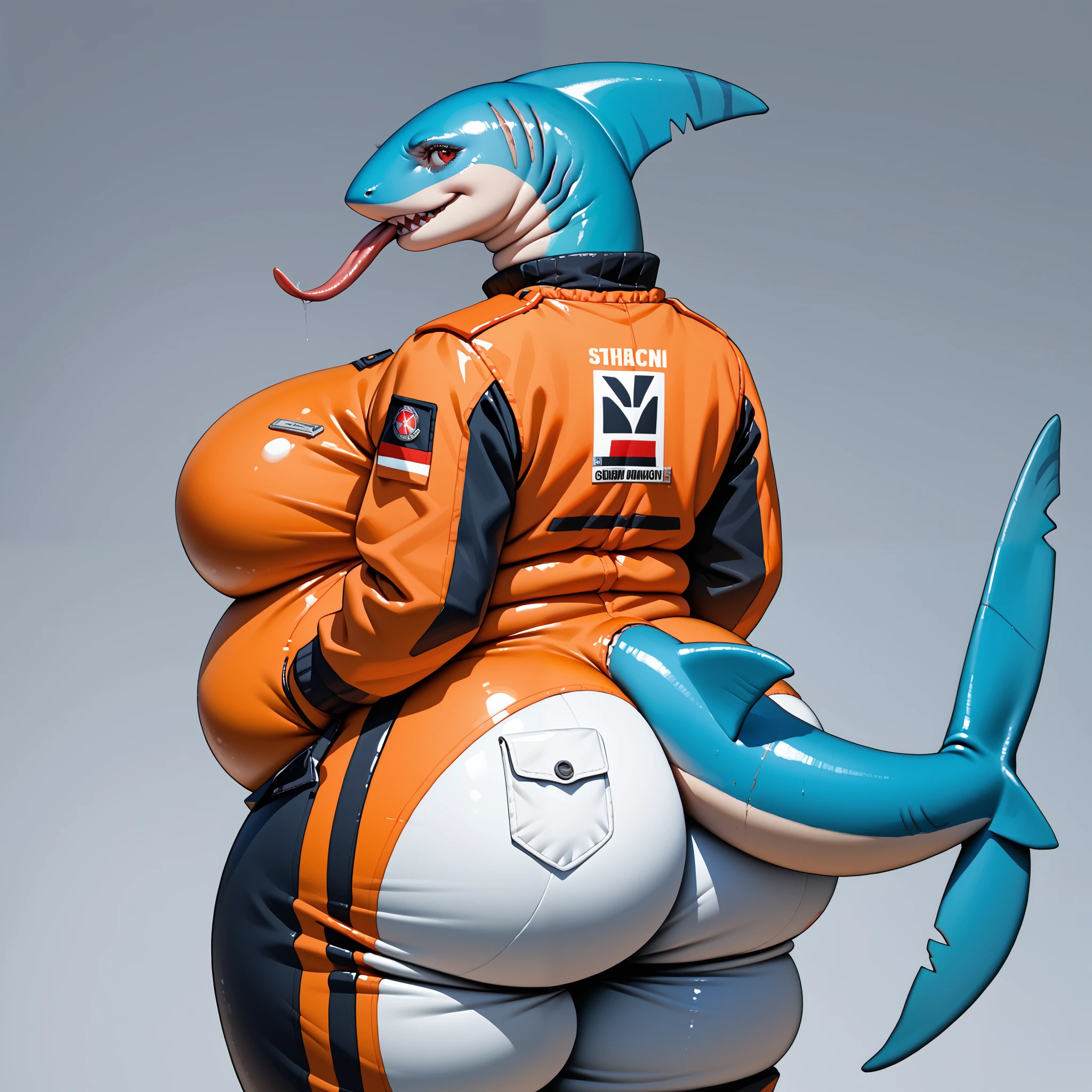 score_9, score_8_up, score_7_up, woman a round belly, before Vore, chubby belly: blue skinned alien shark woman bbw female with a shark fin in the back of her neck, and gills. Thicc shark girl very tall, and a long neck, red eyes, tight fitting space suit. Long tongue. Big chubby tail, wearing an orange jump suit ((prison suit))
((Back view of the character, chubby tail))