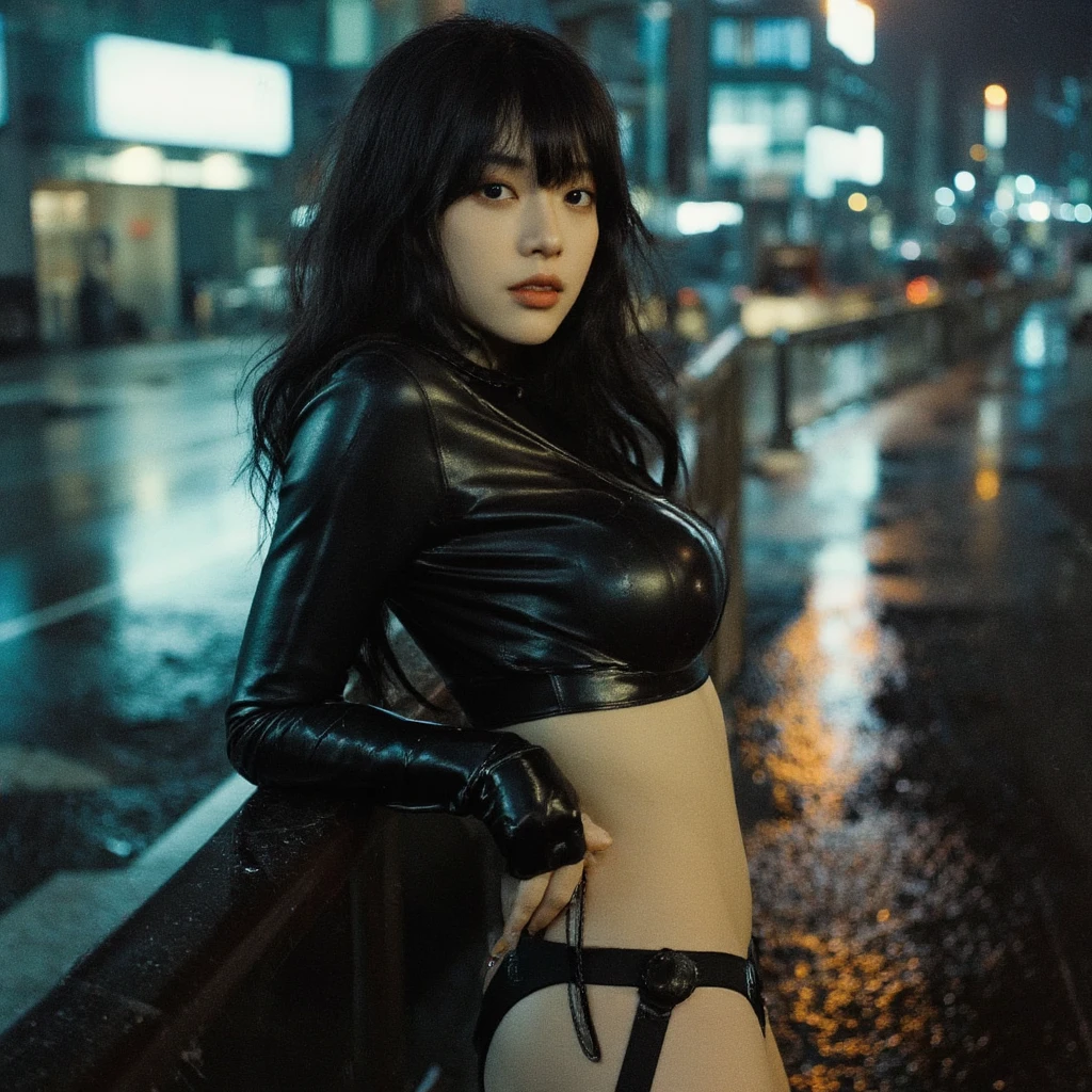 20 year old girl, Slim, black long hair, Hair loose, bangs on the head, Brown eyes, looks straight ahead;,perfect breasts, elastic breasts,fitted black leather jacket, half buttoned, bare chest,night city,portrait, Beautiful picture,embarrassed,