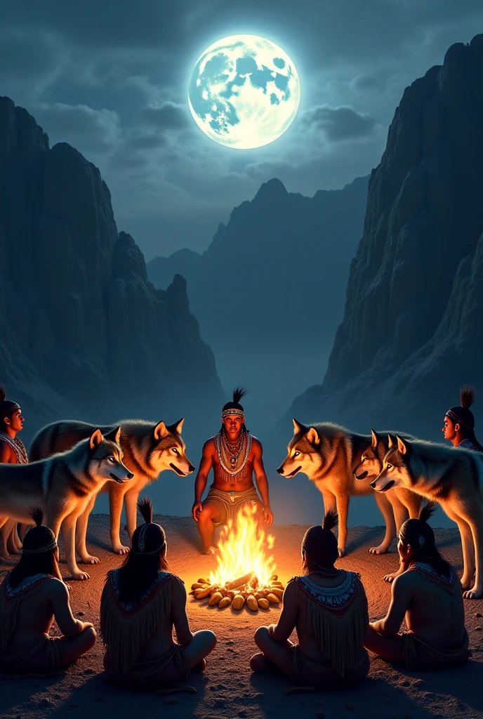 In a forest with a campfire, une meute de loups qui hurle, 2 pretty, scantily clad Indian women dancing around an Indian chief playing drums in the middle