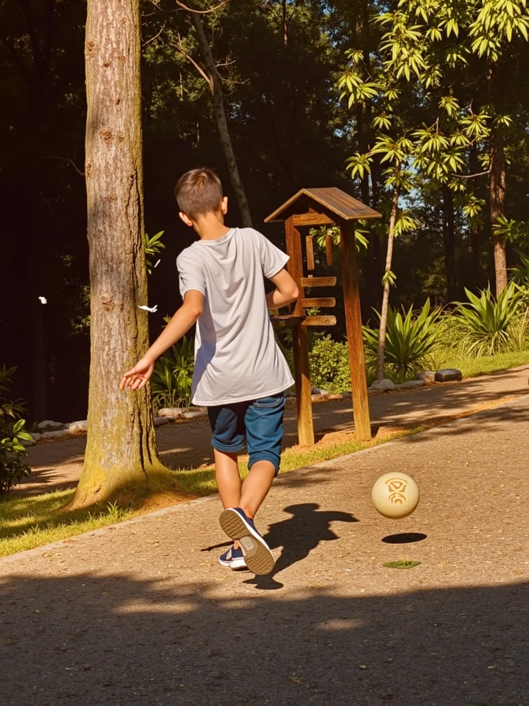 9 year old boy, with brown hair, ojos verdes, ropa deportiva, in a park with swings and slides playing with his other friends 
