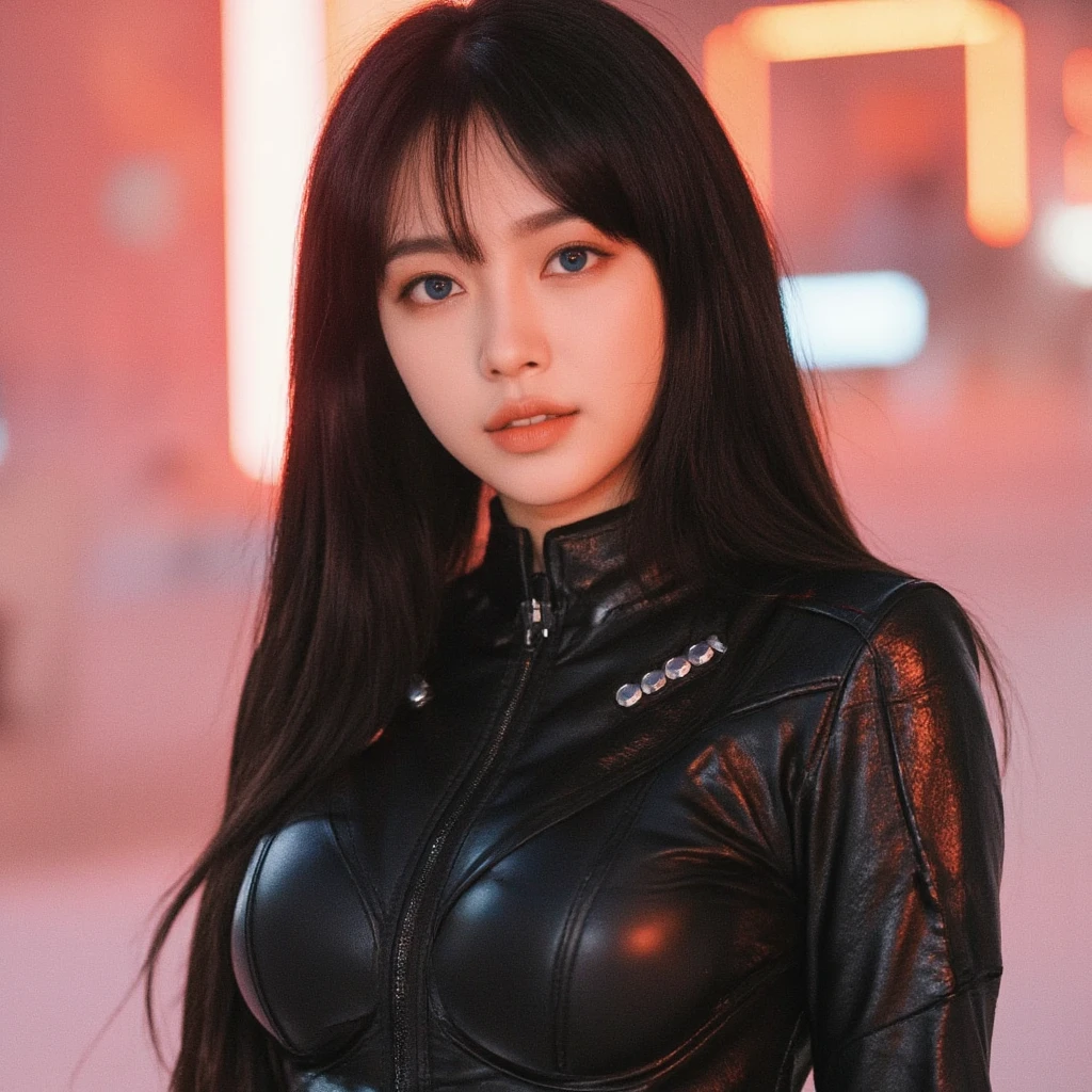 25 year old young woman, wearing black leather Wear a sexy tight leather outfit.,) Chest size 36 inches “Cyberpunk black is the most fashionable. Outdoors, at night, warm light.,) 8k Photos, Shot with a high quality Fuji 45 camera.,000,000 pixels, open aperture, warm light, Wear tight red and black clothes., Cute girl wearing a tank dress, iu lee ji-eun in the role of supervillain, oppai cyberpunk, Female Spy