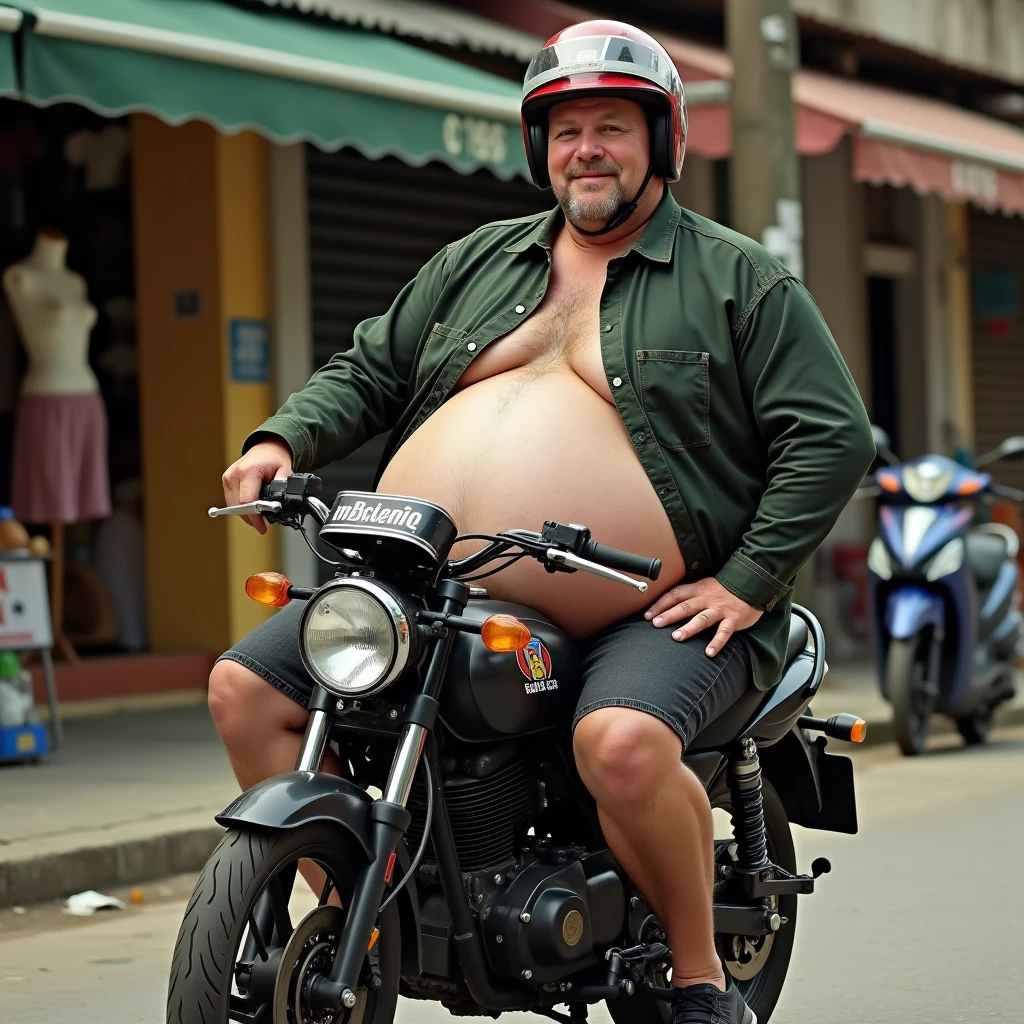 side vive, fat, stocky man shirtless and wearing boxer shorts, he is leaning on a honda broz motorcycle