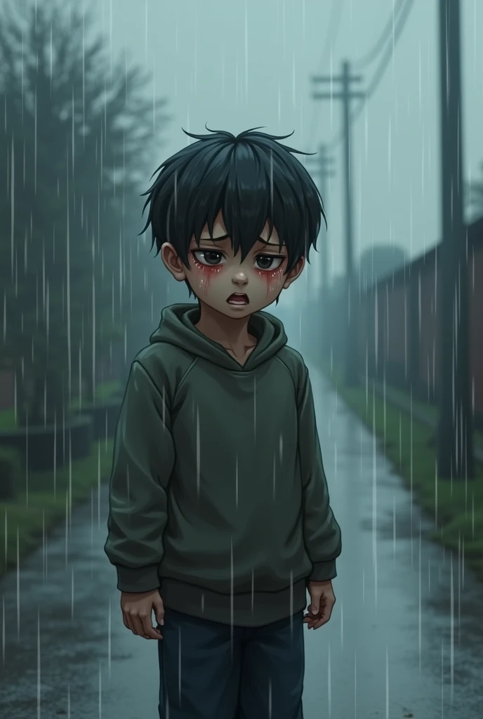 A alone boy in a sad pose at at the time of raining 
with written the name Siyam with the name Siyam in front of the shirt  
