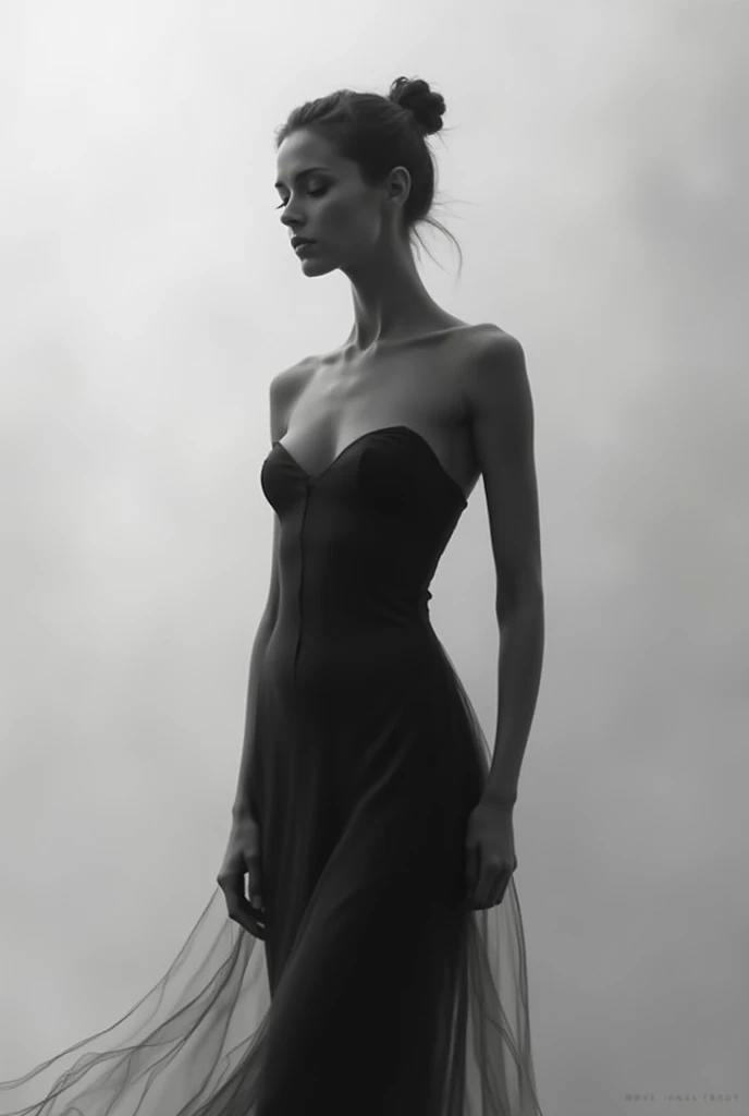 Imagine a very thin girl full body in black and white with clothes of tirants more realistic more close