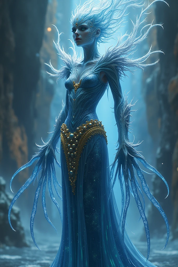 Dressed ((fur)) female alien, anthropomorphic avatar, three eyes, an eye in the middle of the forehead, cat ears, pointed beak, slender fingers, green flashing in the eyes, two hands, looking fierce, with a huge banyan tree, glittering, glowing plants in the background