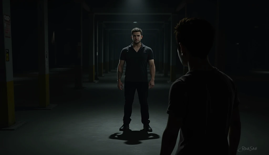A man, Rafael, 40 years old, with short black hair and dark eyes. He is wearing a black shirt and black pants. His expression is cold, calculating, and self-assured. He stands in the shadows of a dark, empty warehouse. The harsh lighting highlights his intimidating presence as he watches Diego approach. Diego, 25 years old, with light brown hair, short, and dark brown eyes, is in the foreground, looking up at Rafael with a look of defiance and suspicion. The warehouse is dimly lit, with shadows stretching across the floor, creating an eerie and threatening atmosphere. Realistic style.