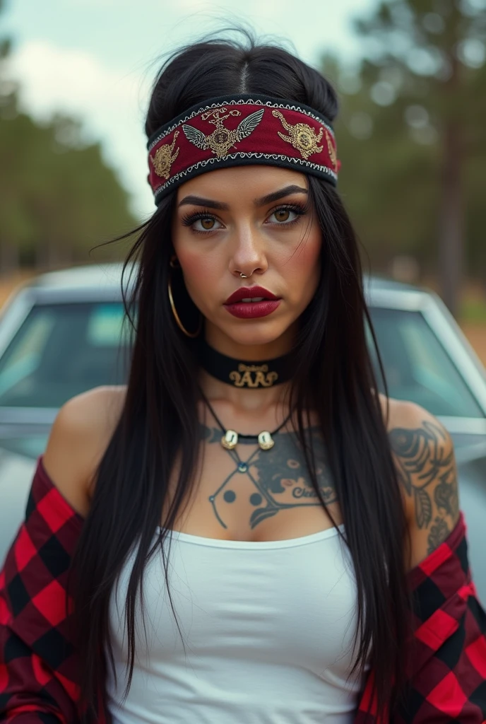 A stunning photo of a woman with long, black hair wearing a red crop top, a red cap, gold hoop earrings, and a vibrant green and red scarf tied around her waist. The exposed midriff and intricate tattoos on her arm accentuate her confident and powerful presence. The background features a soft, pastel color palette with rays of sunlight filtering through the clouds, creating a warm and inviting atmosphere., photo