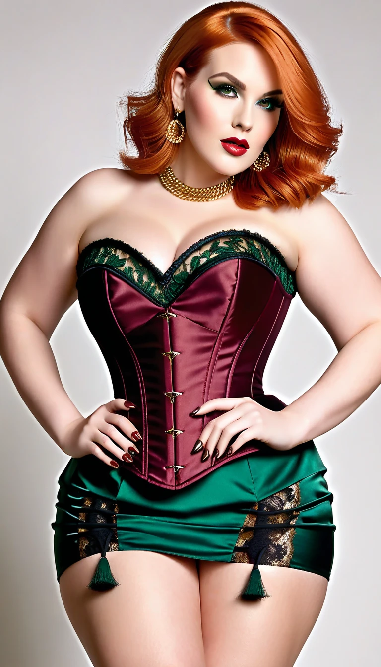 Full body shot of a beautiful redhead female with a curvy body and large breasts. Louise Robey from Friday the 13th:The Series. Standing in Curious Goods antique shop vault holding a cursed antique fountain pen