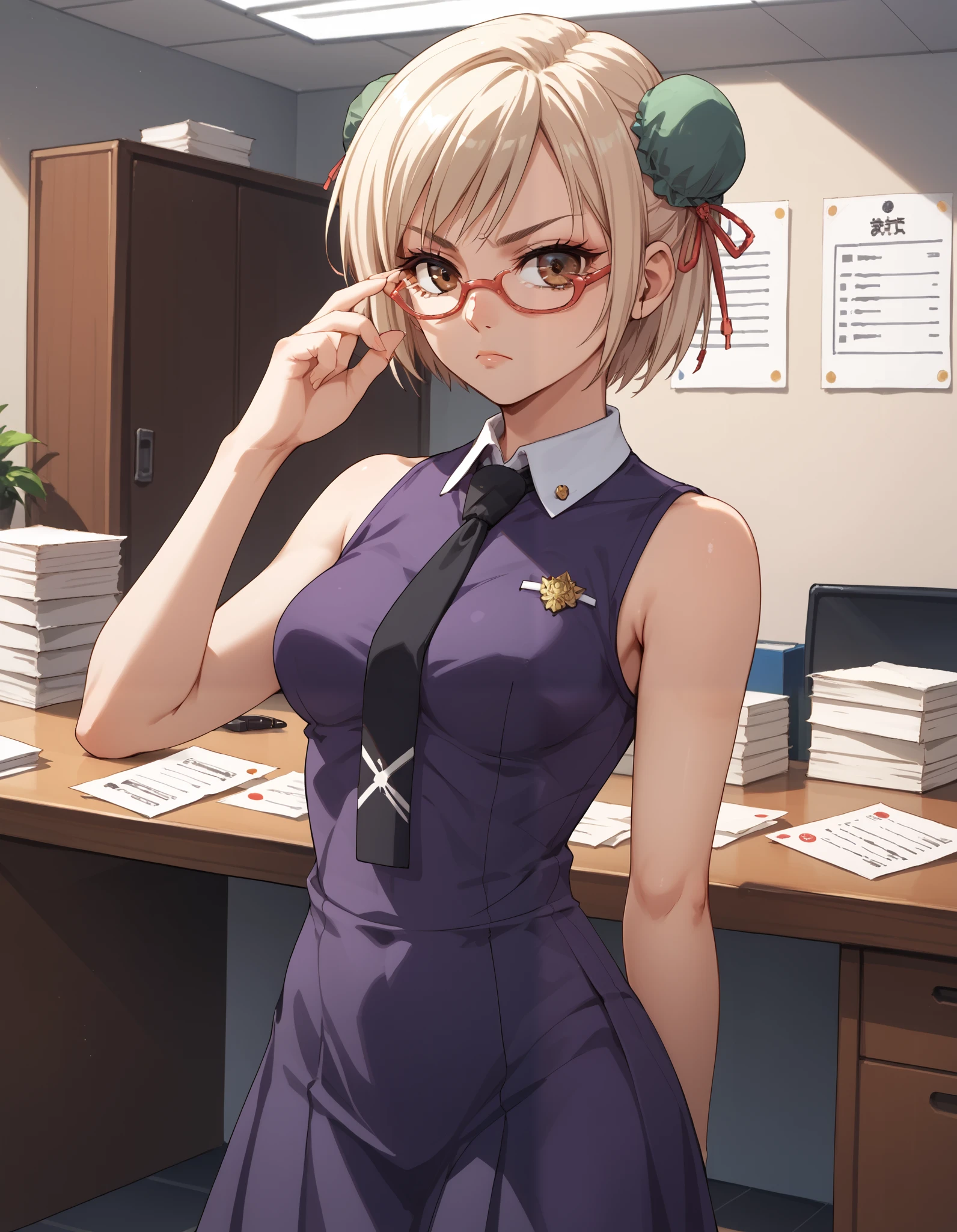 score_9, score_8_up, score_7_up, source_anime, adjusting eyewear, solo, serious, 1girl, light blonde hair, brown eyes, short hair, glasses, hair bun, bun cover, bun covers, double bun, medium breasts, glasses, third school uniform, sleeveless purple dress, black x necktie, cowboy shot, indoors, office, paper piles, thick eyelashes