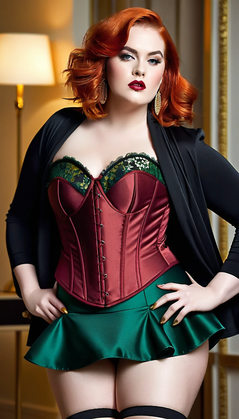 Generate a professional photoshoot capturing the elegance of a beautiful woman, hourglass figure, athletic build, with long wavy voluminous red hair and emerald green eyes, wearing a corset (duotone {red and black]:1.5), posed gracefully in a Victorian-era bedroom setting. Ultra realistic photo, vibrant colors, 8k