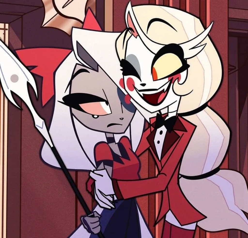 score_9, score_8_up, score_7_up, score_6_up, score_5_up, score_4_up, source_anime BREAK 2girls,hug,<lora:hazbin_hotel_ponyxl_v2:0.9> charlie,albino skin, black bowtie, red jacket,big smile,clenched teeth,fangs,eyes closed,happy, red pants, white shirt,medium breasts, formal,<lora:CenturiiChan:0.8> ,centurii-chan_(style), long braid, low ponytail BREAK emily, halo, angel wings, white dress, fingerless gloves, very long gloves