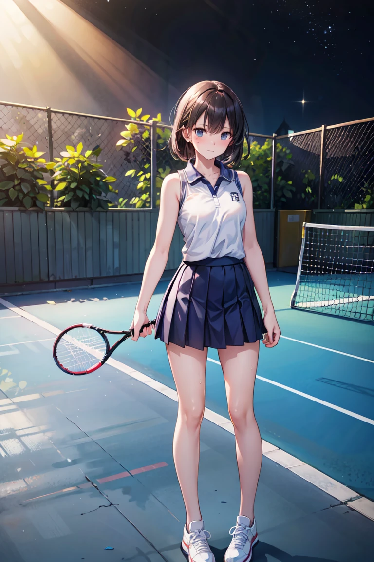 （​masterpiece，Highest Quality），(child)，(Tennis Wear)，(A dark-haired，Medium bob)，embarrassed from，Delicate body