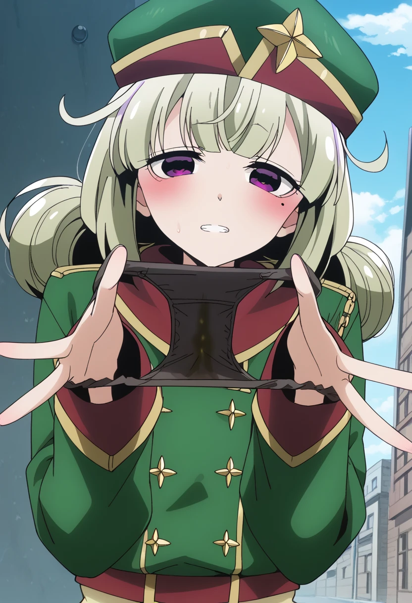 kiwiaraga, <lora:kiwi araga-magical girl-lora-nochekaiser:1>,
kiwi araga, bangs, ahoge, mole, mole under eye, (purple eyes:1.1), green hair, hair bun, double hair bun, smile, grin,
BREAK thighhighs, long sleeves, hat, underwear, panties, boots, sleeves past wrists, military, black panties, garter straps, no pants, sleeves past fingers, green headwear,
BREAK outdoors, city,
BREAK looking at viewer, (cowboy shot:1.5),
BREAK <lyco:GoodHands-beta2:1>, (masterpiece:1.2), best quality, high resolution, unity 8k wallpaper, (illustration:0.8), (beautiful detailed eyes:1.6), extremely detailed face, perfect lighting, extremely detailed CG, (perfect hands, perfect anatomy),