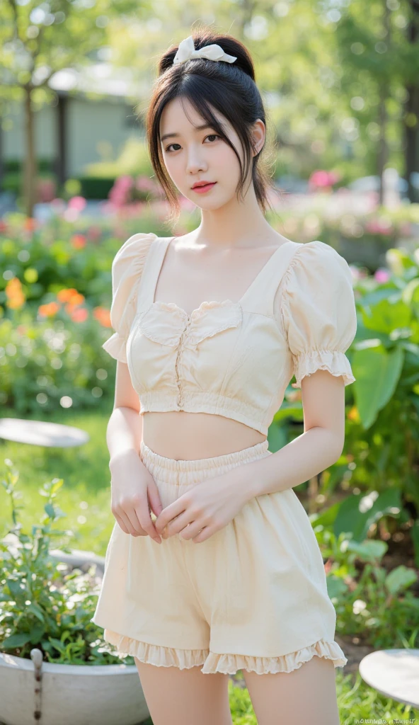 A 1.60m Korean beauty in a garden. She wears a pastel puff-sleeve crop top with frilly shorts, her hair tied in a loose ribbon. No nudity.