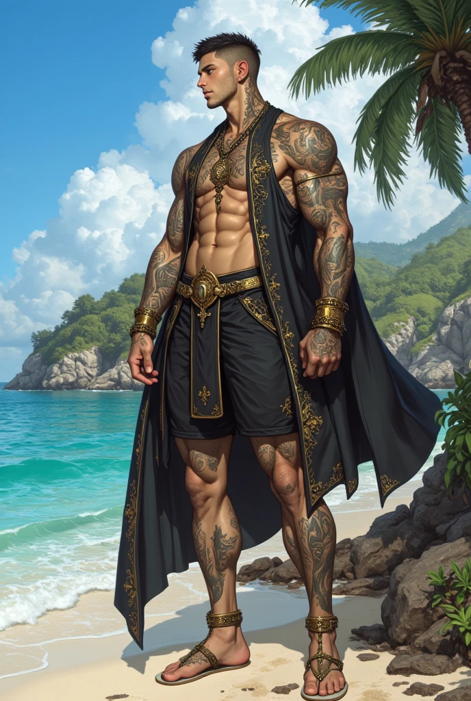 (Masterpiece. The best quality. 8K. Sharp focus. Depth of field, The best shadows. Perfect lighting. HDR. Realistic skin texture. Ultra-detailed background. Detail). Anime style. 1 man. Middle-aged man. 50 years old. Blue-black as a raven's wing hair, thick hair, short hair, thick beard, black beard. Emerald green eyes, beautiful eyes, beautiful eyes, expressive eyes. Beautiful nose, perfect facial features, manly face, a scar from the right eye to half of the right cheek. Perfect anatomical body, average build, wide chest, moderately muscular arms, sinewy arms, abs, medium height. Bondana, white linen shirt, pirate pants, knee-high boots, a wide belt at the waist, an eyepatch over the right eye. Holds a saber in his right hand, his left hand is on his belt. Right leg on treasure chest. Standing on beach. Standing full length. Concept art. Looking at viewer. Full length. Full body.
