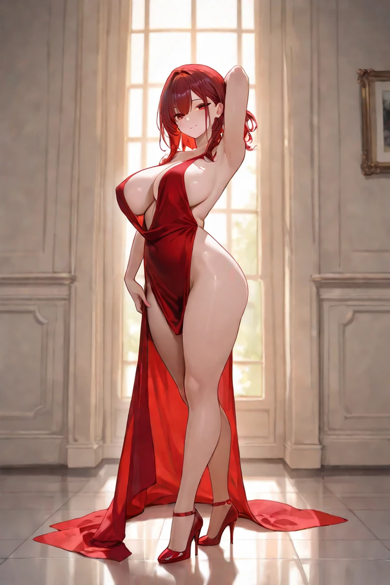 (Masterpiece: 1.2), top quality, high resolution, seductive lady in a red dress, (Lady: 1.0), (Hot: 1.5), alluring, curvy figure, (Red dress: 1.2), body-hugging, plunging neckline, revealing cleavage, intricate patterns, (High heels: 0.8), long and lean legs, voluptuous hips, (Confident gaze: 1.0), full lips with gloss, softly lit environment, (Jewelry: 0.5), elegant necklace and earrings, (Sophisticated: 1.0), sensuous hairdo