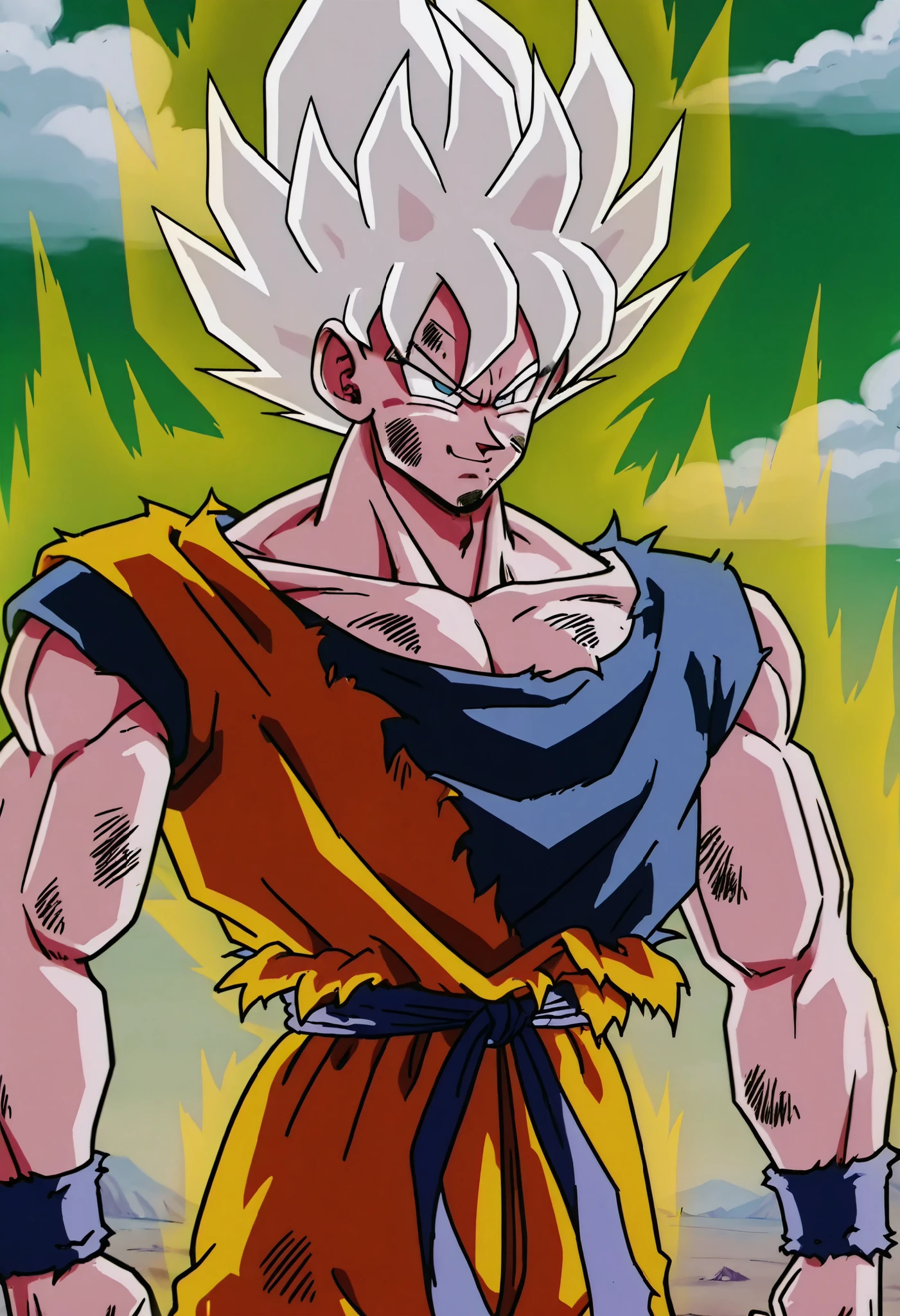Masterpiece, better quality, Son Goku, Alone , pelo rubio, yellow aura , fondo simple, shirt, 1 , of foot, upper body, white hair, male focus, sky, pants, cloud, black eyes, torn clothes, muscular, frown, cloudy sky, pointed hair, smile burlona, smile, Gloomy face, bracelet, angry, green background, Serious, arms at the sides, torn shirt, dirty, dougi, Super Saiyan, dirty face, dirty clothes, Super Saiyan 1,