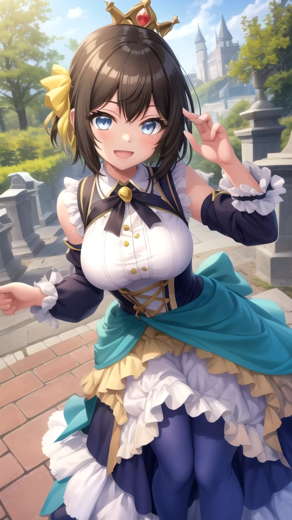 #Basics Girl posing for a photo, animeのcute少女, ((One Girl)), ((Baby Face:1.5)), ((cute:1.5)), (()), 
break 

#Clothing Accessories 
((Blue Teddy Dress:1.2) : (Rococo Dress) + (Lace and frills adorned) + (Bustier) + (corset) + (Hidden chest) + (Long sleeve) + (Floor Length + Long skirt:1.2)) + (White high heels) + (White headband) + (Red flower hair ornament), 
((Blue gemstone earrings)), 
break 

#Features 
((Black Hair:1.2)), ((Long side bangs)), ((Medium Hair) : Voluminous Hair + Straight hair + Hair blowing in the wind), 
((Big eyes:1.4)), ((blue eyes)), 
(Small breasts), 
(White skin), 
break 

#background environment 
((noon, A large lawn dazzling with sunlight, blue sky)), 
#Facial Expression Pose 
((A happy smile) + (Open your mouth)), ((Stand strong with your arms outstretched)), 
#composition 
((Angle from the front)), ((Cowboy Shot)), 
break 

#Body parts elements 
(Slim figure), 
(Symmetrical facial features), 
(Detailed Hair, Beautiful Hair, Shiny Hair), 
(double eyelid, Long eyelashes, Thin eyebrows:0.5), 
(Detailed eyes), (Beautiful Eyes), (Sparkling eyes), Glitter Eyeliner, 
(Human Ear), 
(Beautiful Nose, Thin Nose), 
(Glossy Lips, Beautiful Lips, Thick lips), 
(Detailed skin, Textured skin, Beautiful Skin, Oily skin), 
break 

#quality  
(((最高quality)), ((masterpiece:1.3)), ((Very detailed))), ((Ultra-high resolution)), ((16K)), ((1080P)), ((Full HD)), 
((Anatomically correct)), ((Realistic)), (3DCG), ((oil)), 
((comics, anime)), (CG illustration), (RAW Photos), 

