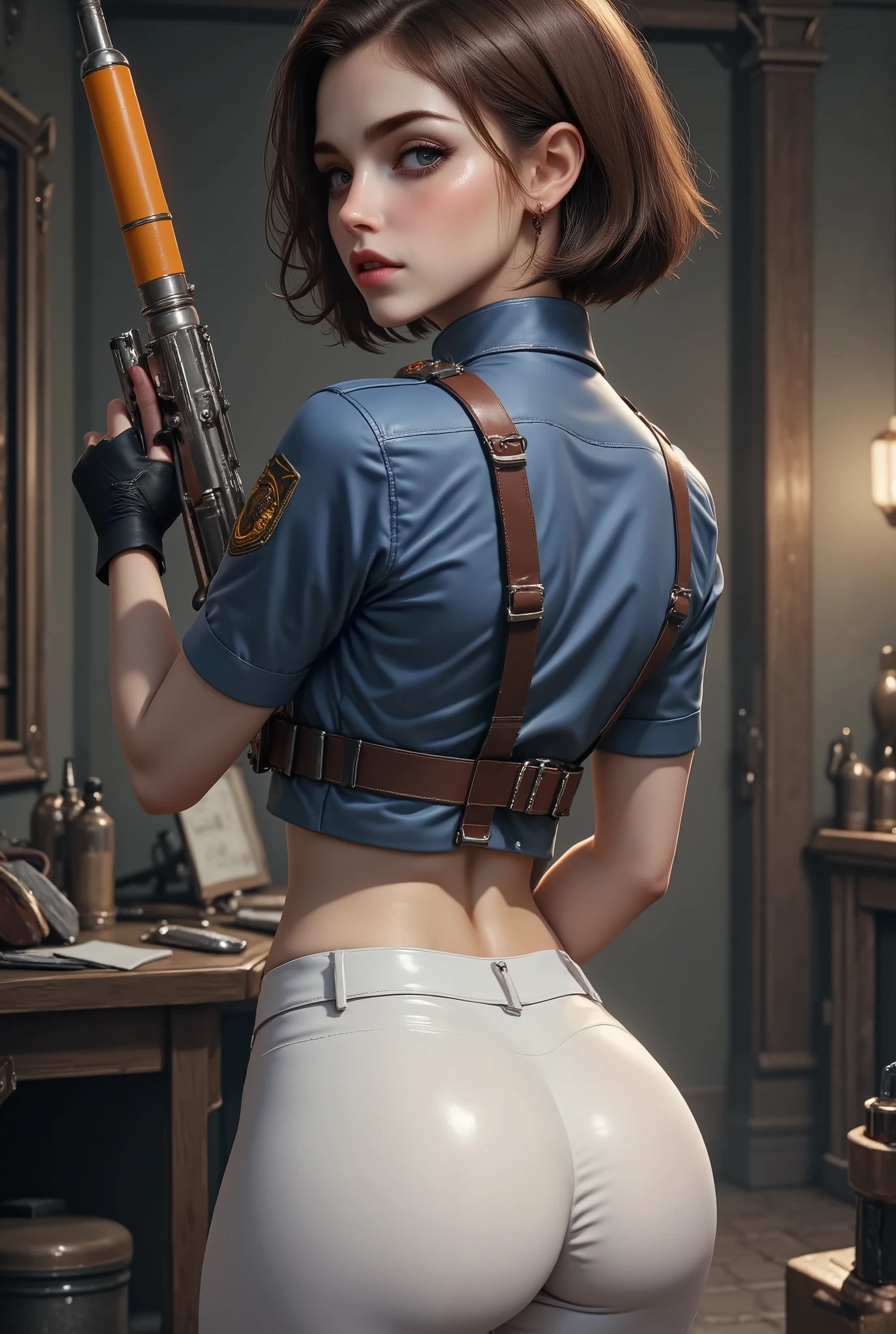 moxxi borderlands, sexy pose, very thin narrow waist, realistic skin, borderlands bar background, pink cloth, jacket, make-up snoky eyes, perfect round ass, arched back