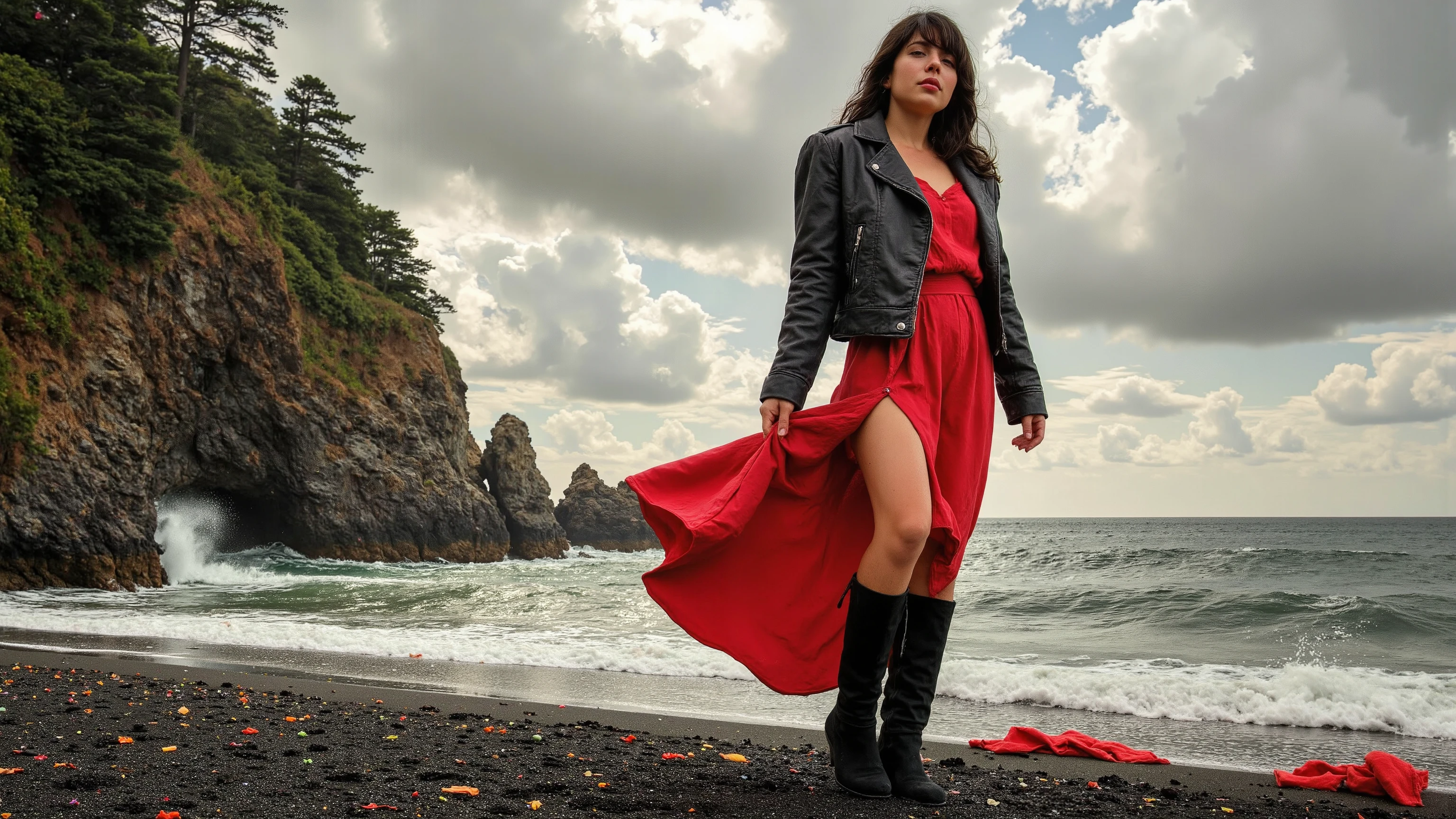 Prompt: A captivating, fantasy portrait of a confident woman standing tall in the rain, exuding an enigmatic aura. She dons a black leather jacket, a red dress, and high black boots, with dark eyes and flowing loose black hair cascading down the left side of the canvas ink splash art piece featuring a strong female figure clad in a fiery red dress and a black hooded leather jacket. The contours of her face and body are boldly defined by expressive, sharply etched strokes, creating a striking contrast to her vibrant attire. The background is a whirlwind of turbulent energy, with a stormy sky and sea displaying stark lines and vivid hues. Waves crash dramatically against the shore, and the woman stands unwavering, embodying resilience, determination, and inner strength amidst the chaotic environment, ukiyo-e, dark fantasy, cinematic, poster, painting, photo, architecture, product, wildlife photography, typography, 3d render, illustration, vibrant, anime, conceptual art, graffiti, fashion, portrait photography