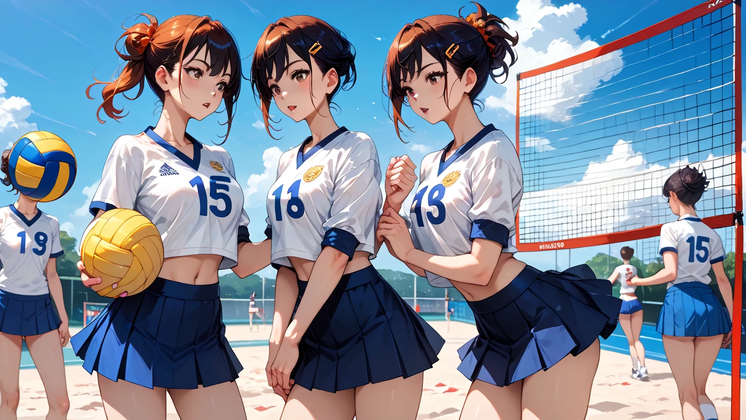 (Cute eyes:1.2), (Sparkling eyes:1.2),(Beautiful Eyes:1.2), Highest quality,wonderful,finely,Highly detailed CG Unity 8k wallpaper, (The three of them lined up and hugged:1.3),(Caressing the pussy:1.5),(Three people with different heights:1.5), (Three Girls, Volleyball Player, Skinny body, Dressed), (Huge breasts), (Open your mouth:1.1),(Black knee socks:1.3),(Thighs:1.3),(Waistline:1.2),(Matching white volleyball uniforms:1.2),(From behind:1.2),(Beautiful eyes:1.2),(Different hairstyle),(Seniors and Juniors:1.3),(All three have different eye colors:1.5),(All three have different skin colors:1.5),(Thighsまで隠れるニーソックス:1.2),(Very short pants:1.3),Upper Body,(Players' Dressing Room:1.3),(Japanese Representative:1.3)