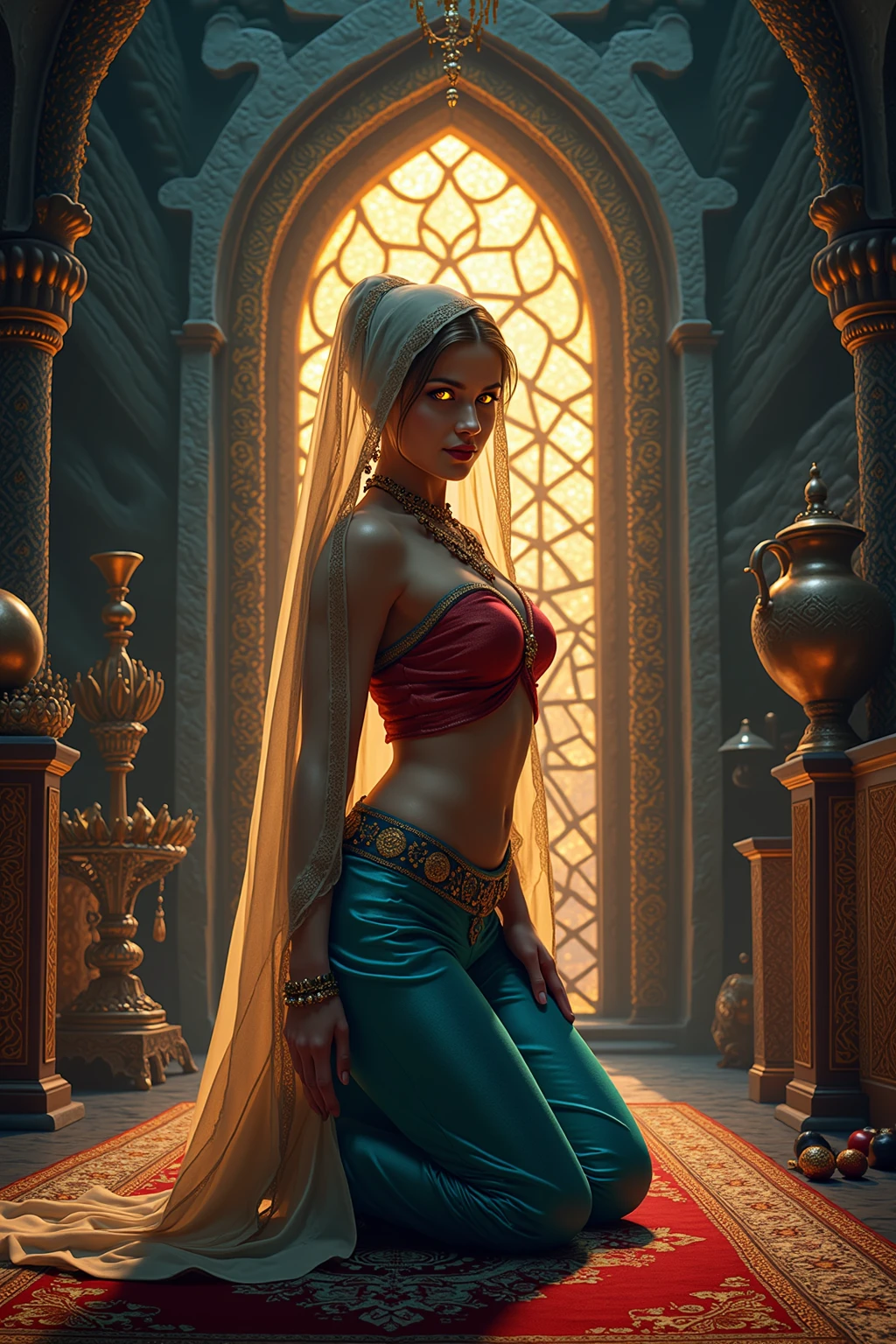 a gorgeous genie emerging from an oil lamp in a puff of smoke, beautiful detailed face and eyes, long eyelashes, ornate golden lamp, dramatic lighting, cinematic composition, highly detailed, intricate details, photorealistic, 8k, HDR, dramatic lighting, warm color palette, fantasy art, concept art, digital painting, chiaroscuro