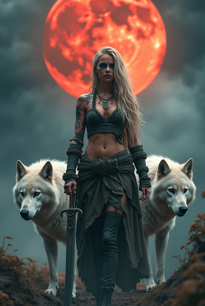 Beautiful female barbarian kitsune, very beautiful and exotic tanned skin sitting facing the camera, her legs wide open, her pussy visible, slim, very muscular, curvy, super big breasts, holding a huge spear with a fiery red blade, wild long silver hair, shining golden eyes , expression ((mouth gaping in pain)), splattering and dripping, huge aura of anger, there is a huge white wolf beside him, splattering all over the wolf and mouth, scars on the wolf's face, burning village in the background.