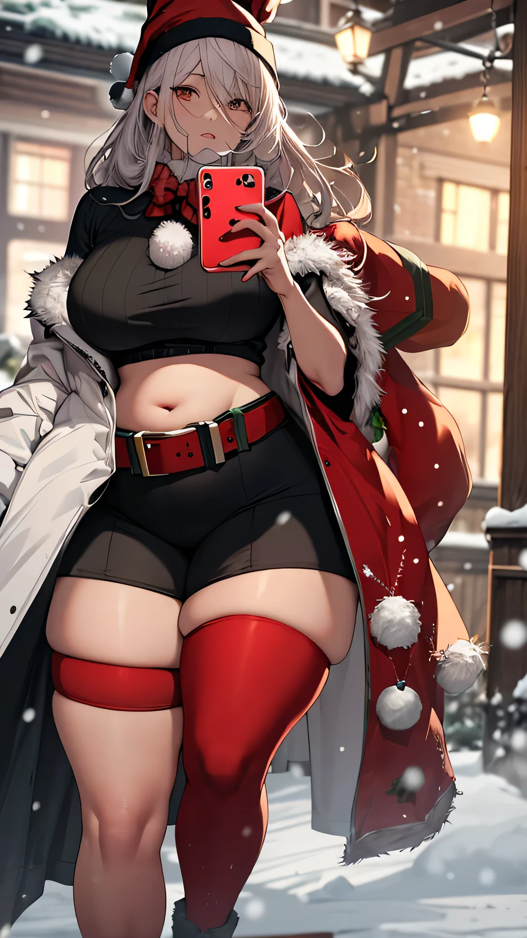 ela_(rainbow_six_siege), masterpiece, best quality, 1girl, green hair, cuerpo completo , grandes tetas, gran trasero, voluptuoso, piernas abiertas , pose sexy , escote , Christmas hat , Christmas Clothes, nieve , christmas lingerie, christmas coat , christmas stockings , christmas heels