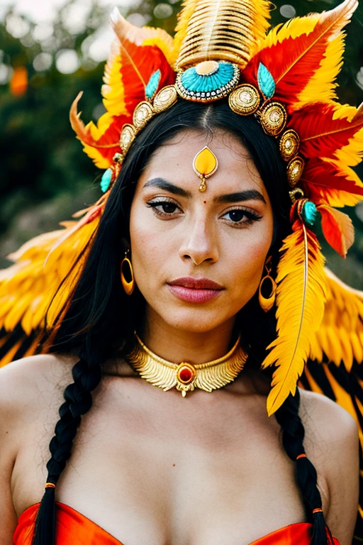 8k, Highest quality, Special details, Native woman of South America, The backdrop is a lush rainforest., feather headdress, Body paint, Expression of spirituality and mystery, Deep connection with nature