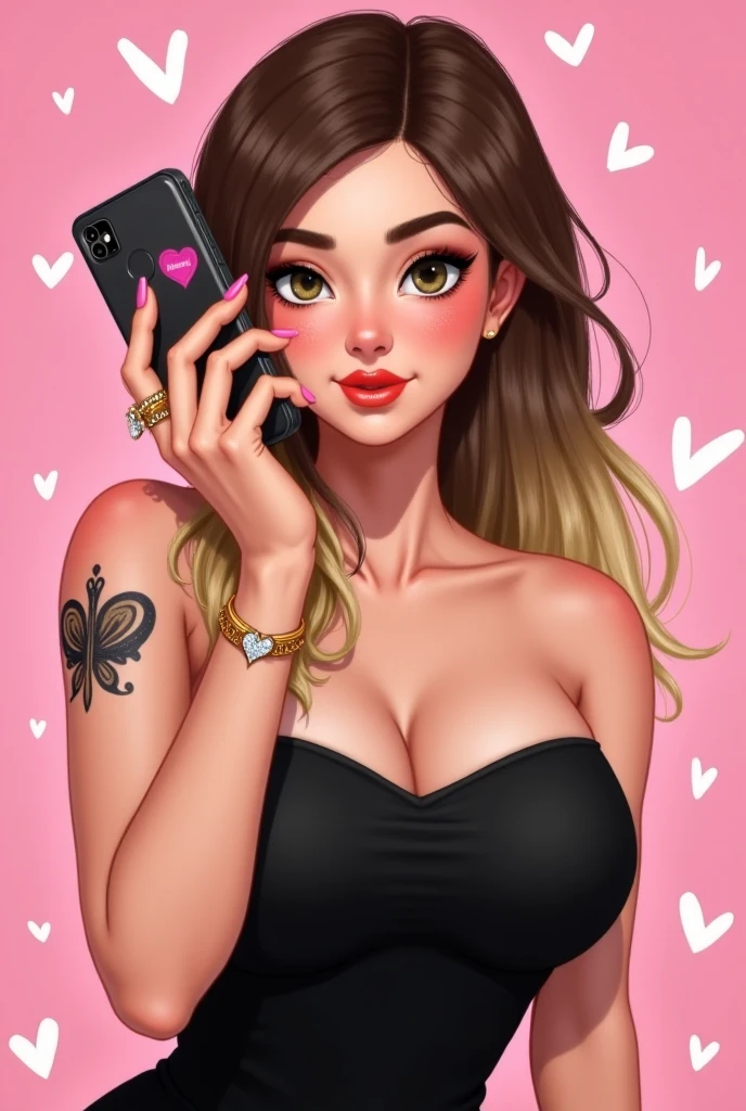 She is a high school student with long black hair and a gal-like personality from America.、The hair is neatly curled。She has an hourglass figure and a very large chest and butt.、The lines of the body are beautiful、I'm wearing stylish clothes。She looks like a foreign gal.。His eyes are sharp, but、No ear piercings。Makeup is flashy。Eyeshadow with cut crease、Beautiful cheekbones too。Her nails are just like a gal's!I have long nails like that.。It's quite long。About 10 centimeters。Long and beautiful hands。Smartphone in one handを持っていてスマホのカバーはピンクのラインストーン。Drinking a Frappuccino at the cafe。Smartphone in one hand、With a lot of whipped cream on one hand、It's a Frappuccino with a cherry on top.。Face facing the smartphone。Straight face。
Heavy makeup, High resolution, One person, Textured skin,Anatomically correct,