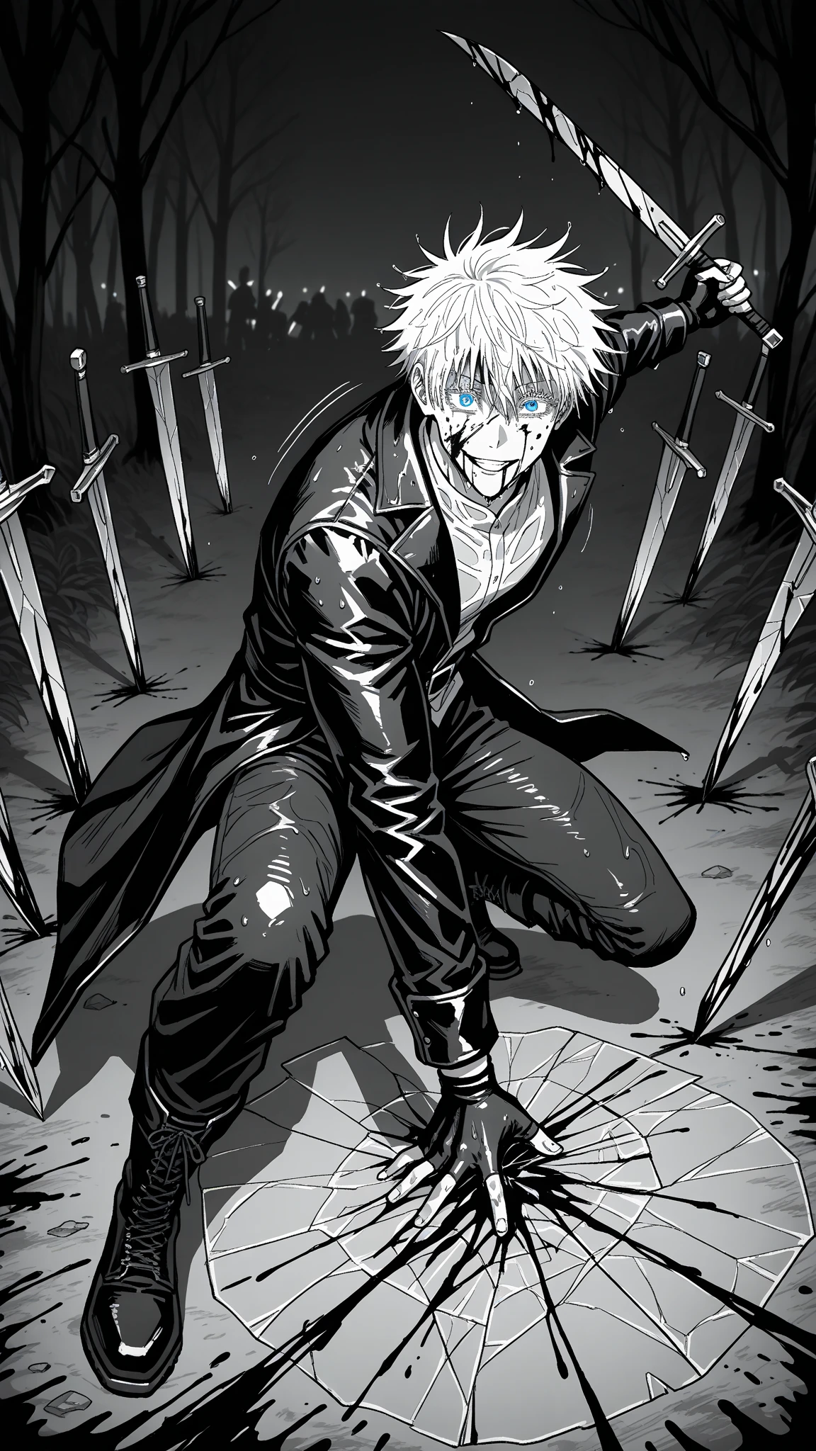 masterpiece,high quality,solo,outdoor< a man with white hair, purple eyes, he wears a fitted black outfit with a curse on his shoulder, he has a scar on his right eye