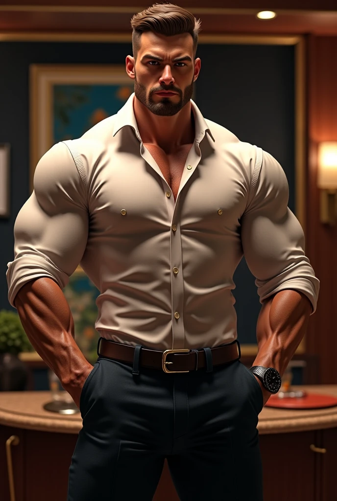 (masutepiece, Best Quality:1.2), Cowboy Shot, Solo, Male Focus, 1boy, Indian beared businessman, Closed mouth, Looking at Viewer, Hands in pockets, Open your clothes, muscular guy, burly, hunk, Hot, big shoulders, musculature、(big chest)、 (hyperdetailed face)、nicebulge