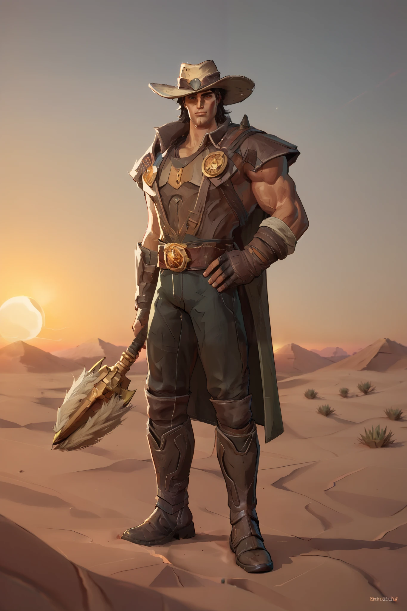 A 3D render of Star-Lord in a Wild West-themed Sheriff-Lord 1872 skin, standing confidently in a dusty desert landscape. He wears a rugged leather duster coat, a wide-brimmed hat, and a pair of cowboy boots. His iconic helmet is redesigned as a traditional sheriff's badge, and he carries a pair of revolvers at his hips. The color scheme incorporates earthy tones like browns and tans, accented with hints of red and blue, blending his space-faring roots with a classic Western flair. The background features a sprawling desert with a warm, golden sunset casting long shadows and enhancing the rugged atmosphere.