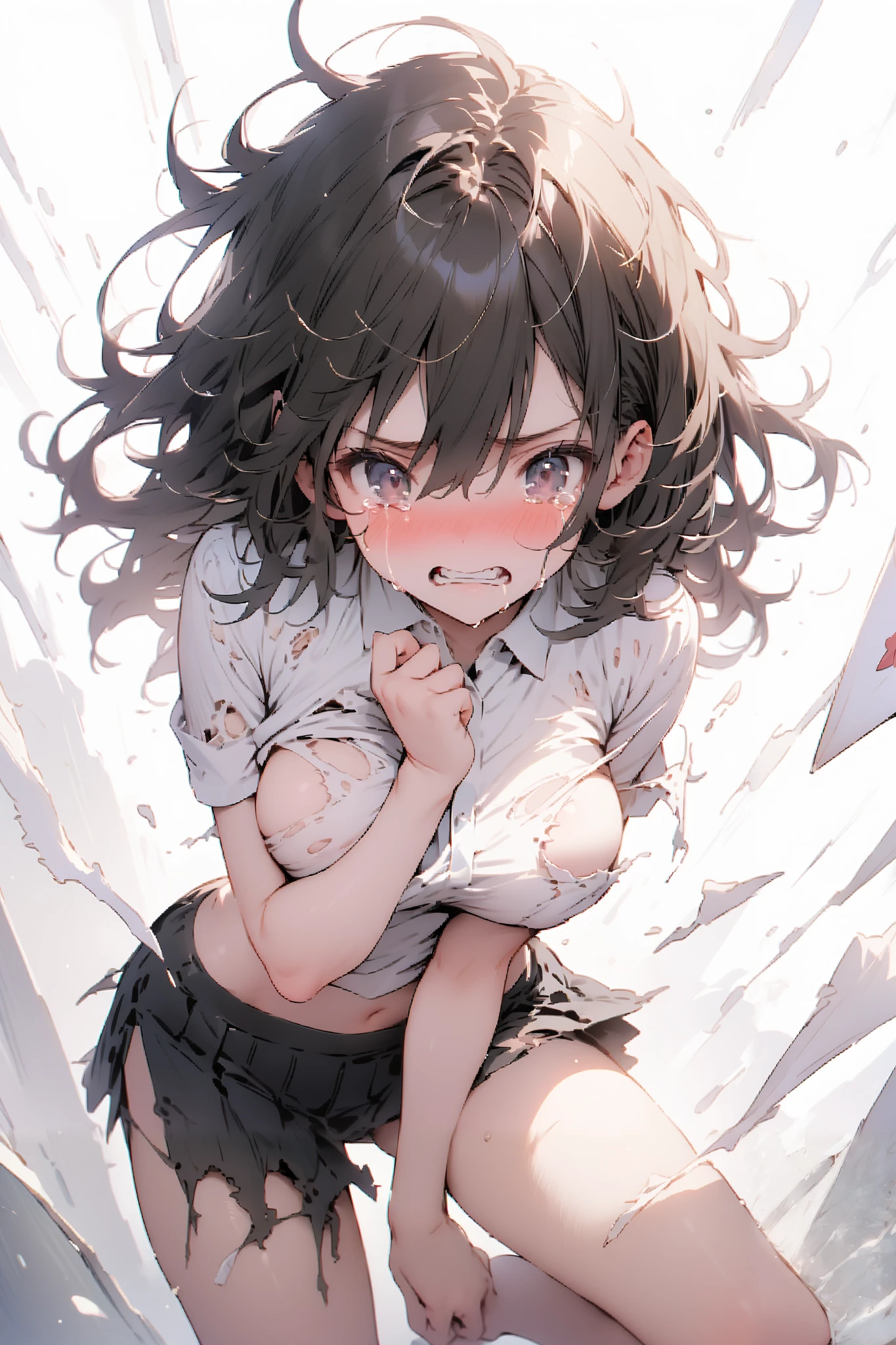 masterpiece, best quality to deliver, high definition, 1 girl, solo, skirt, uniform,(torn clothes:1,1), messy hair, Sexy Poses, M-shaped open leg,with hair,Medium Breasts, grimace, crying,tears,with the letter positive for the body, supine,full shot, A large amount of cloudy liquid adhering to the body,