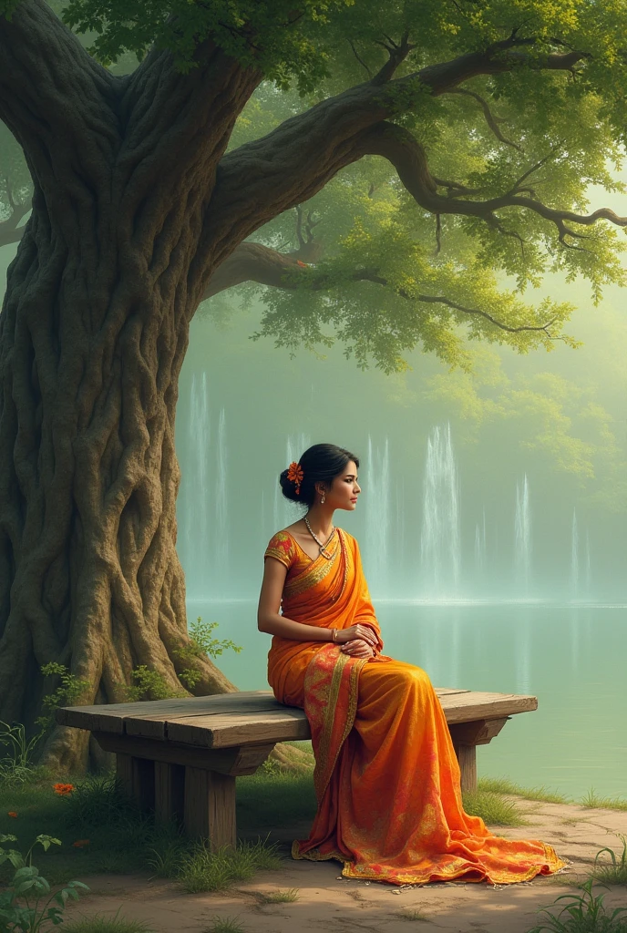 In cinematic 3D cartoon style. Radha in Solitude After Krishna’s Departure:Radha is seen sitting alone by the Yamuna River, lost in deep thought. Her expression reflects a mixture of longing and sadness, with the river and trees creating a calm, melancholic atmosphere.