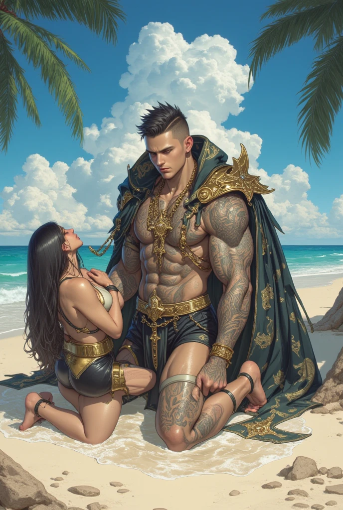 Create a digital artwork depicting a surreal scene where a heavily tattooed giant with traditional Thai motifs takes a selfie by a pool. The giant has an intricate mask and wears traditional attire, exuding a blend of mythological and modern elements. A modern, stylish woman in a black bikini stands next to him, posing confidently. In the background, there are palm trees, a clear blue sky, and a statue that resembles the Statue of Liberty, adding a fantastical twist to the setting. The overall atmosphere should combine elements of ancient mythology with contemporary culture, highlighting the contrast and harmony between the two.