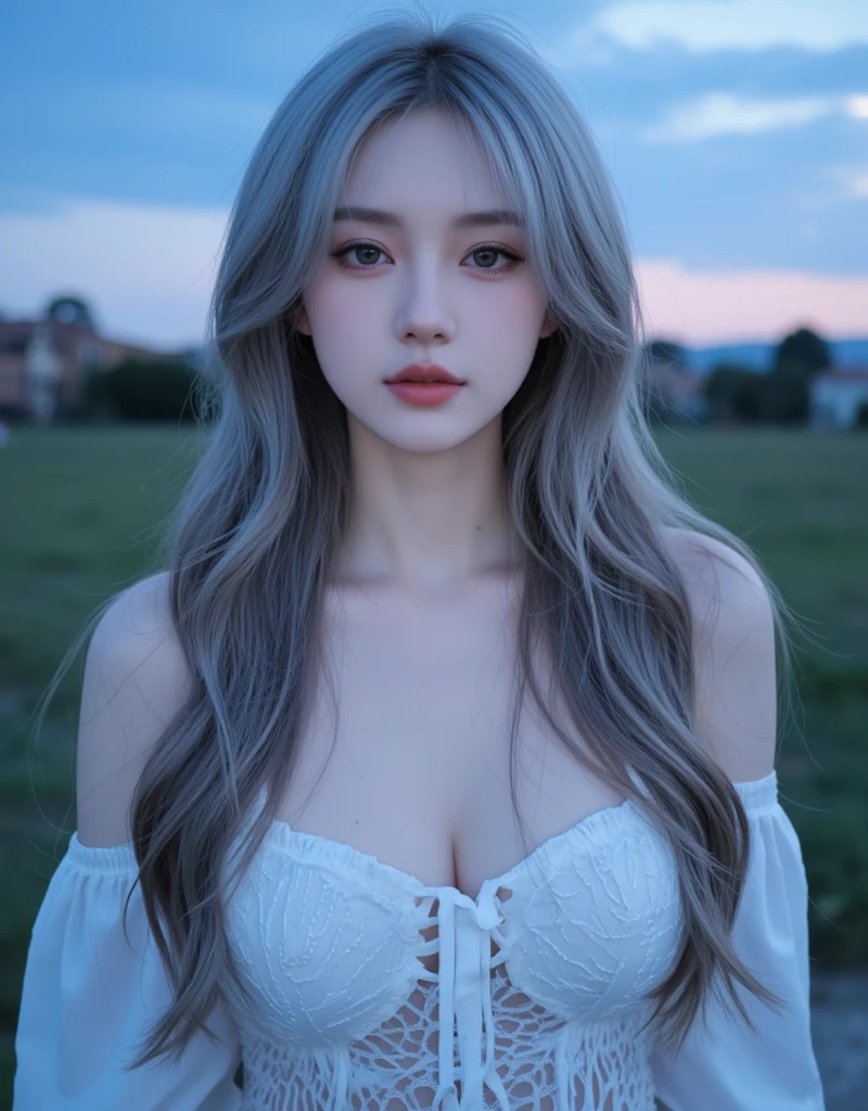 closeup cleavage，1个Giant Breast Girl，25 age old，Delicate face shape，is very beautiful， 独奏，[shiny hair，light grey hair： lightblue hair：0.2]，jewely，Silver necklace，Black suit， looking at viewert， ssmile，黑The eye，Perfect and beautiful face shape，Detailed and perfect body shape，Perfect Finger，What a skin，Radiant skin，long whitr hair， The shirt，station， streaked， Outdoor medium shot， 耳Nipple Ring，hight contrast， natta， deep colour。