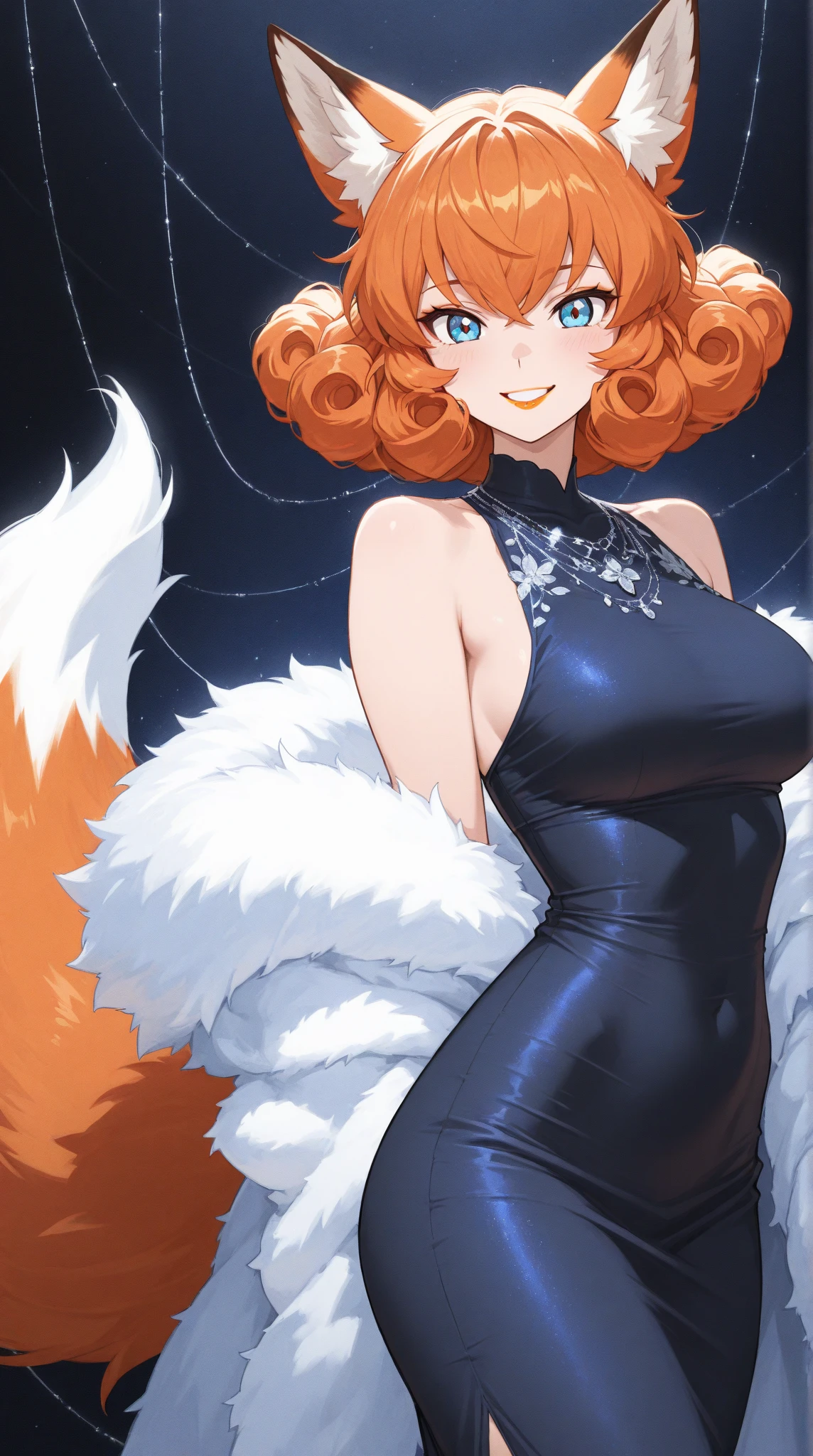 furrydskstyle, 1girl, solo, long hair, looking at viewer, smile, bangs, blue eyes, large breasts, black hair, dress, animal ears, cleavage, jewelry, tail, multicolored hair, choker, artist name, hand up, signature, blunt bangs, orange hair, collar, two-tone hair, aqua eyes, animal ear fluff, hand on hip, makeup, black choker, border, white border, furry, furry female, body fur, animal nose, cinematic angle, cinematic lighting, foreshortening, depth of field, detailed background, masterpiece, best quality , official art , sexy pose, seductive, flirting, sexy lingerie, sexy stockings