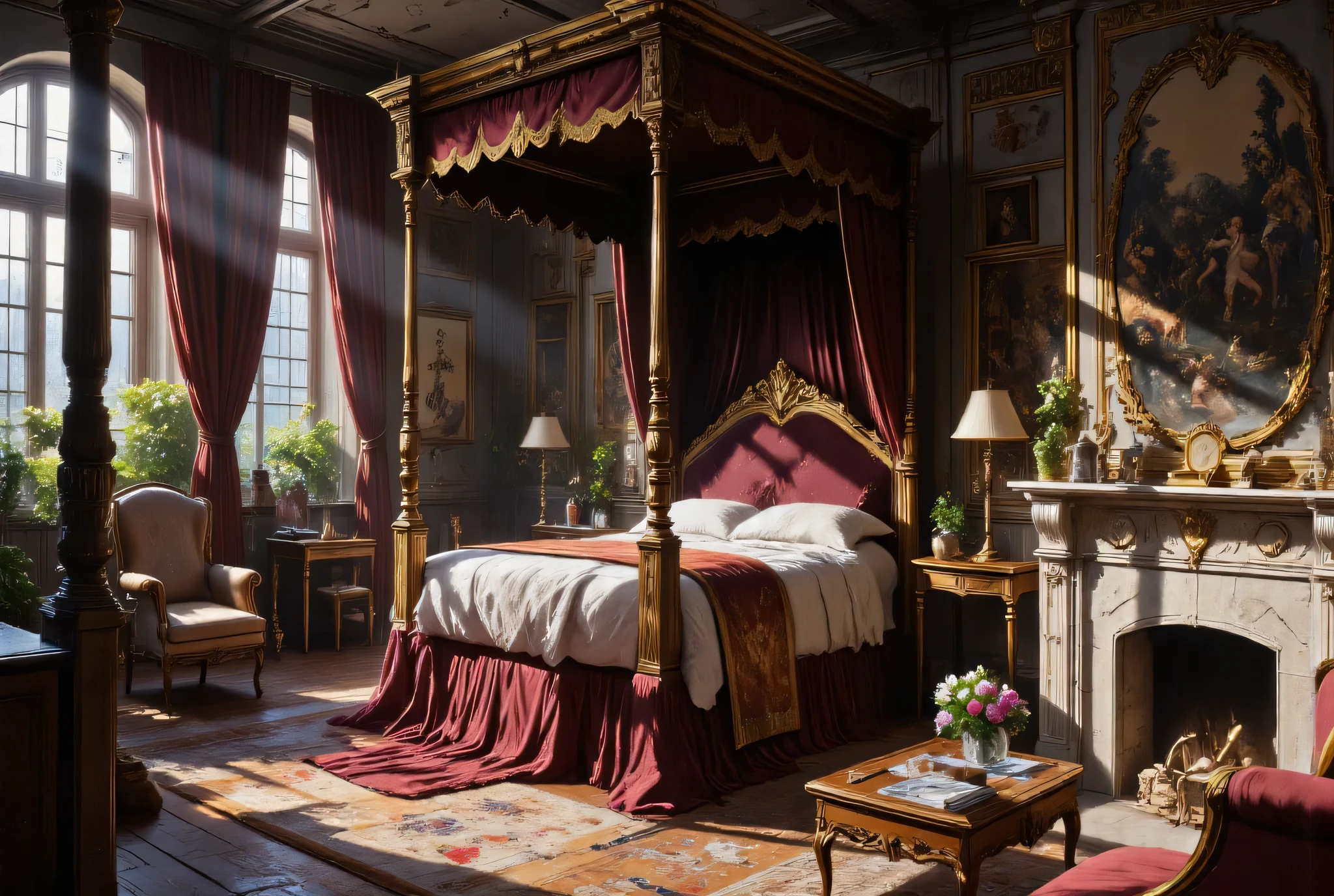 masterpiece, High Definition, Illustration, anime style, The Master Bedroom, overlooking the gardens It is a spacious room dominated by a massive four-poster bed draped in dark velvet and lace. Heavy, rich tapestries adorn the stone walls, depicting scenes of hunting and mythical creatures. A large fireplace with an intricately carved mantelpiece sits opposite the bed, flanked by plush armchairs. The overall atmosphere is one of opulent comfort and somewhat gothic grandeur, hinting at both luxury and the mansion's age. Sunlight filters through leaded windows, often casting intricate patterns across the room