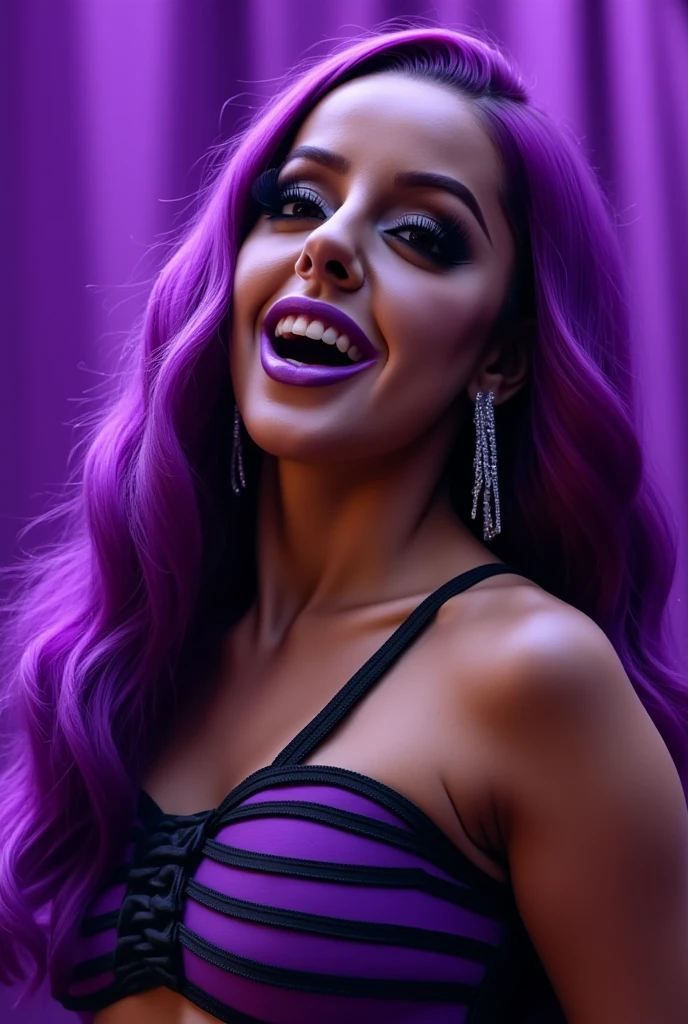 (Obra de arte, 8K, mais alta qualidade, ultra detalhado:1.37) Imagem A mesma Cabelo: Liso e solto, metade roxo e metade preto.
jovem em um ambiente de festa, cercada por amigos e admiradores. She's at the center of attention, com um sorriso confiante. She holds a glass of drink and appears to be having fun without any worries. The men around her are clearly interested in her, with expressions of fascination and adoration. The atmosphere is lively, with flashing lights and loud music(Nyla), 35 anos de idade, (a details model with botox on her lips and sexy purple hair ), (com tatuagens espalhado pelo corpo : 1.4), medium and ass, Fotografia sincera, suado, olhar elegante, textura detalhada da pele, (: 1.2), fotorrealista, surpreendente ,high resolution, obra de arte, perfect lighting, florescer, cinematic lighting, adulto, Pele perfeita, female, tiro de vaqueiro, sorriso, cintura estreita, magrelo, ), gargantilha, olhos detalhados, brown eyes pink lips, ((Glossy lips)), pursed lips, bombas rosa, Pele brilhante, pele oleosa, Linda luz, (dia:1.3), brilhante,