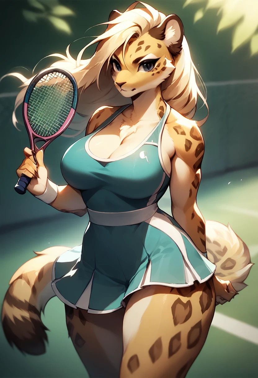 Draft Sketch (sfw)))), uploaded the e621, beautiful and detailed,woman (((female))) ((anthro)) hyena, Ross Tran, by ruan jia, by zaush, by foxovh, lighting cinematic, seductor, hyena, thighighs, (huge chest) foxovh 1girls ai_generated bare_shoulders big_breasts blue_eyes boob_window Black hair with blue highlights cleavage cleavage_cutout female female_only huge_breasts looking_at_viewer mole_on_breast ponytail female tennis player on a professional tennis court. Capture the intensity of her focus, the precision of her movements, and the athleticism of her gameplay. Emphasize the dynamic interaction between the player and the tennis ball, showcasing a moment of skill and agility. Use vibrant colors and realistic details to bring the scene to life, highlighting the competitive spirit and grace inherent in the sport of tennis big boobs perfect breasts