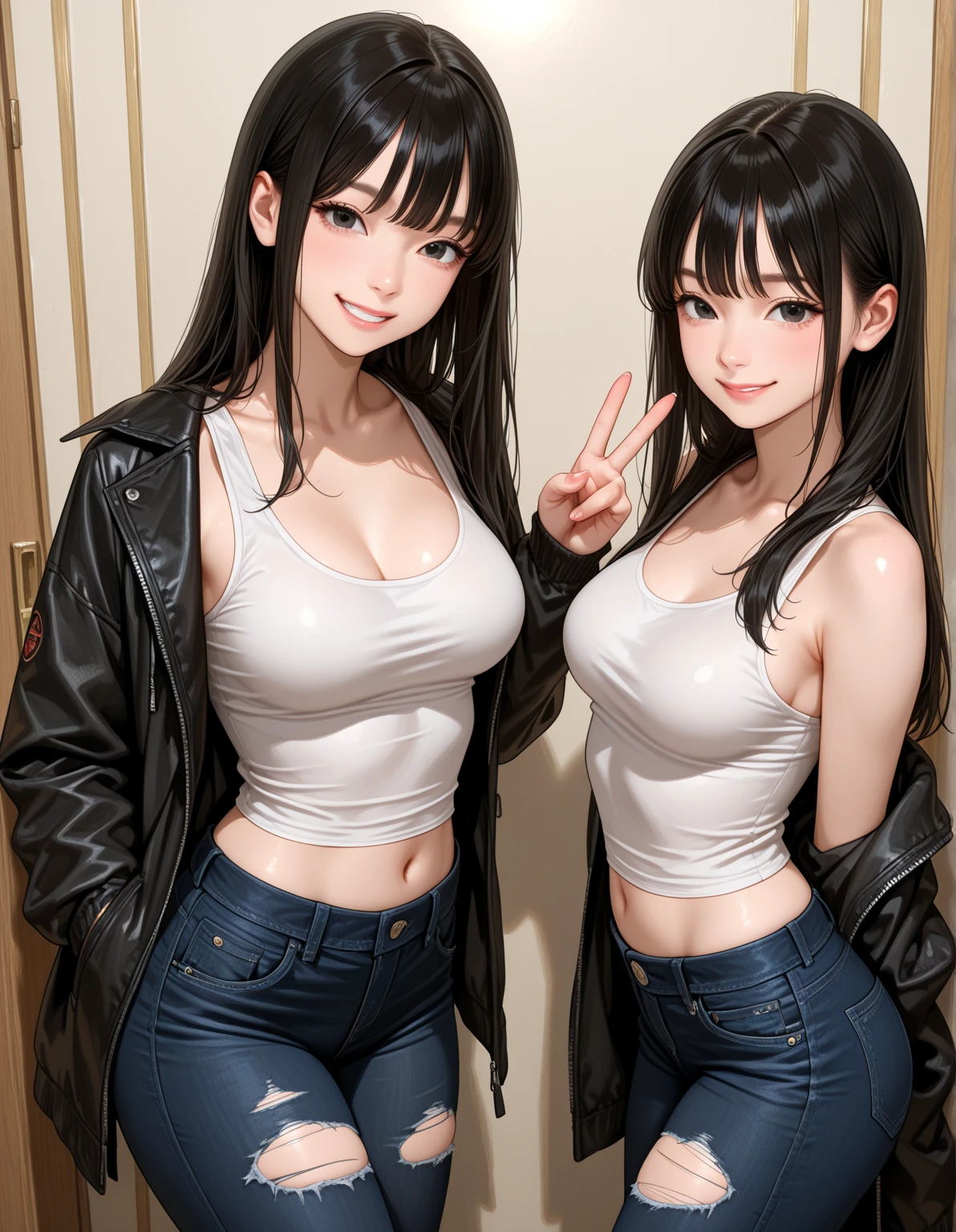 A beautiful woman in lingerie top and denim shorts, smirk, (straight long black hair), earrings , ((black top)), (((Extremely Realistic))),FilmGirl, sexy pose, (thighs, hands), sitting,Extremely Realistic,Split_Pose, (legs), ,photorealistic, bedroom , hourglass figure , very detailed, ((blush))