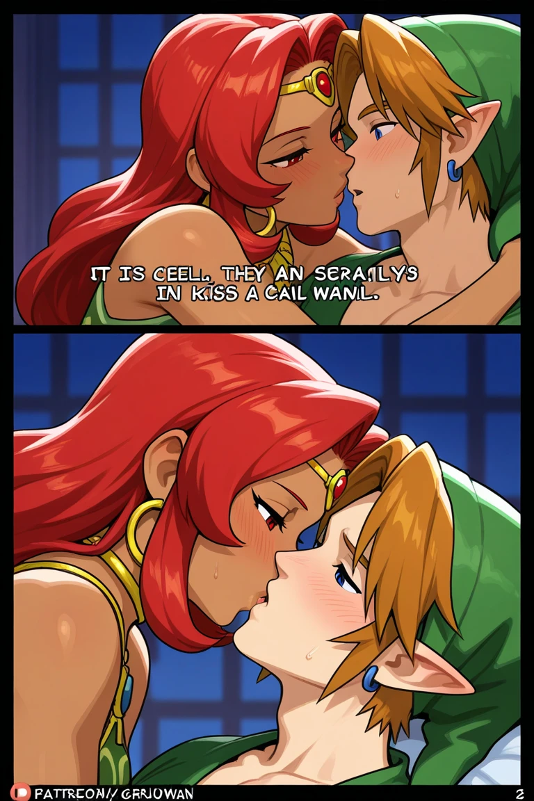 saria, kneeling, smile, red hair, naked, red hairband, doggystyle sex, shota-boy, white chickes, living room, on all fours, blonde boy, nipples, link, the legend of zelda, hat, medium breast