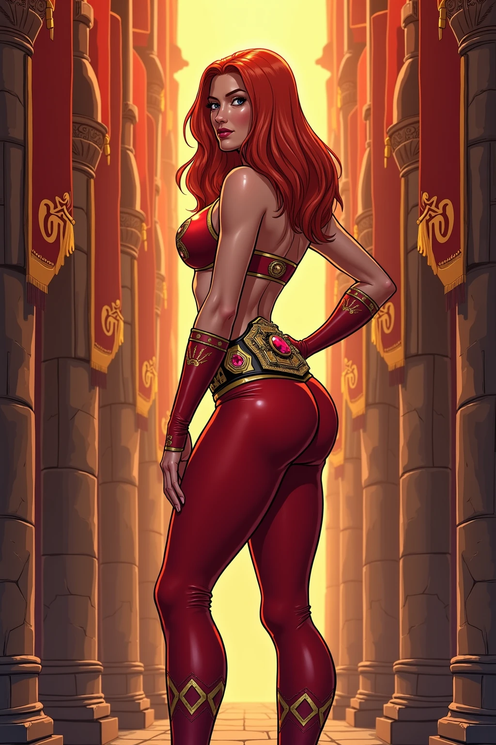 (((back view))), (((perfect ass))), (best qualityer))), (((manga strokes))), woman knight with a black armor, (((girl with red crown))), metal panties, medieval redhead girl, Barbed wire garter belt, breasts covered with a wave-shaped metal breast protector, Curly white hair, long ribbon-garter, chains wrapped around the arm, metal gloves, great sword, medieval castle, fitness body, blood, nude belly, coxas nuas (((manga style))), violent, Manic, slenderbody, thin but strong, perfectbody, armor black, ornate metal sleeves, intricate visual com um castelo medieval enorme, ((( sculptural body ))), (((1 girl))), garota de 25 anos com perfectbody,,Beautiful and well-groomed face,muscular body:1.2,solid color detailed jacket, (Head to thigh photos), Complex equipment, (((standing alone))), pirralha violent, ((())), sexly, pose de atitude, work of art, post-apocalypse, (((manga style))), bounty hunter, violent, Manic, the way you want, slenderbody, thin but strong, perfectbody, roupa moderna, advanced technology, neon, sleeves with vertical striped pattern, intricate background, (( cowboy shot )). intricate visual