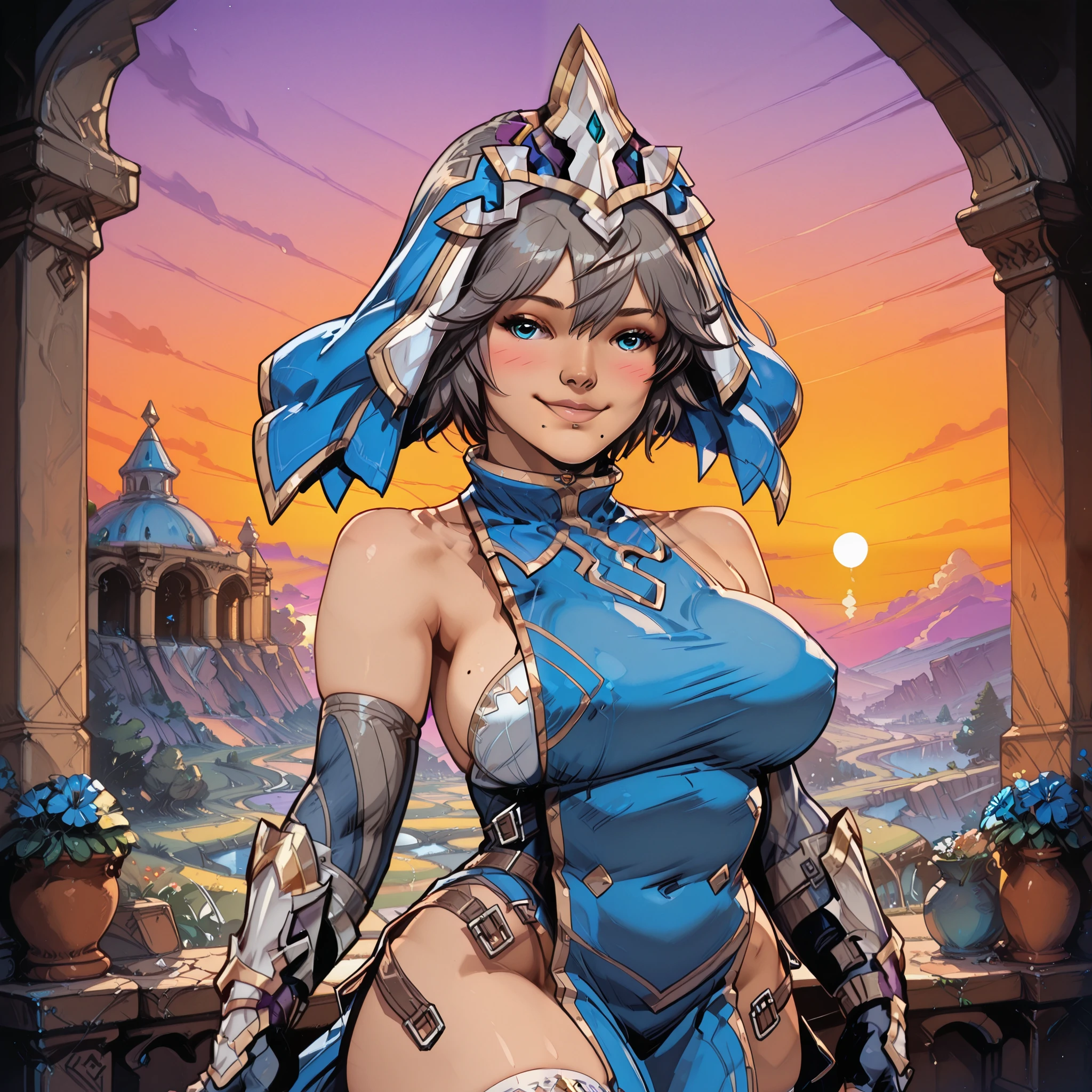 1girl, solo, realistic, ( blush, sexy, upper body, broad hips:1, seductive smile, naughty), looking at viewer, standing, Cibella, grey hair, short hair, blue eyes, mole, large breasts, defaultcibella, headgear, veil, bare shoulders, dress, blue dress, gauntlets , elbow gloves, fingerless gloves, sideboob, belts, white thighhighs, BREAK, Masatsugu Saito, Garden, sunset, orange sky, purple sky,